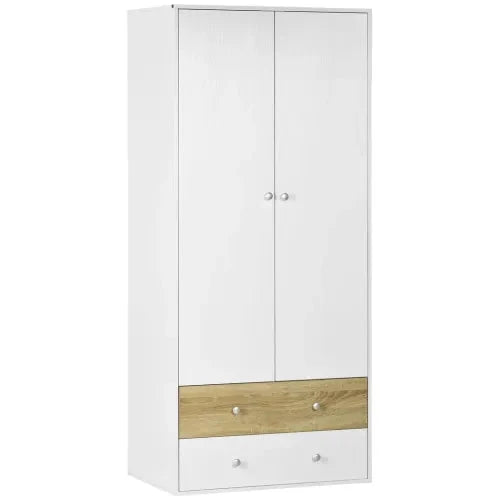 HOMCOM 2 Door Wardrobe White Wardrobe with Drawers and Hanging Rod for Bedroom - Wardrobe