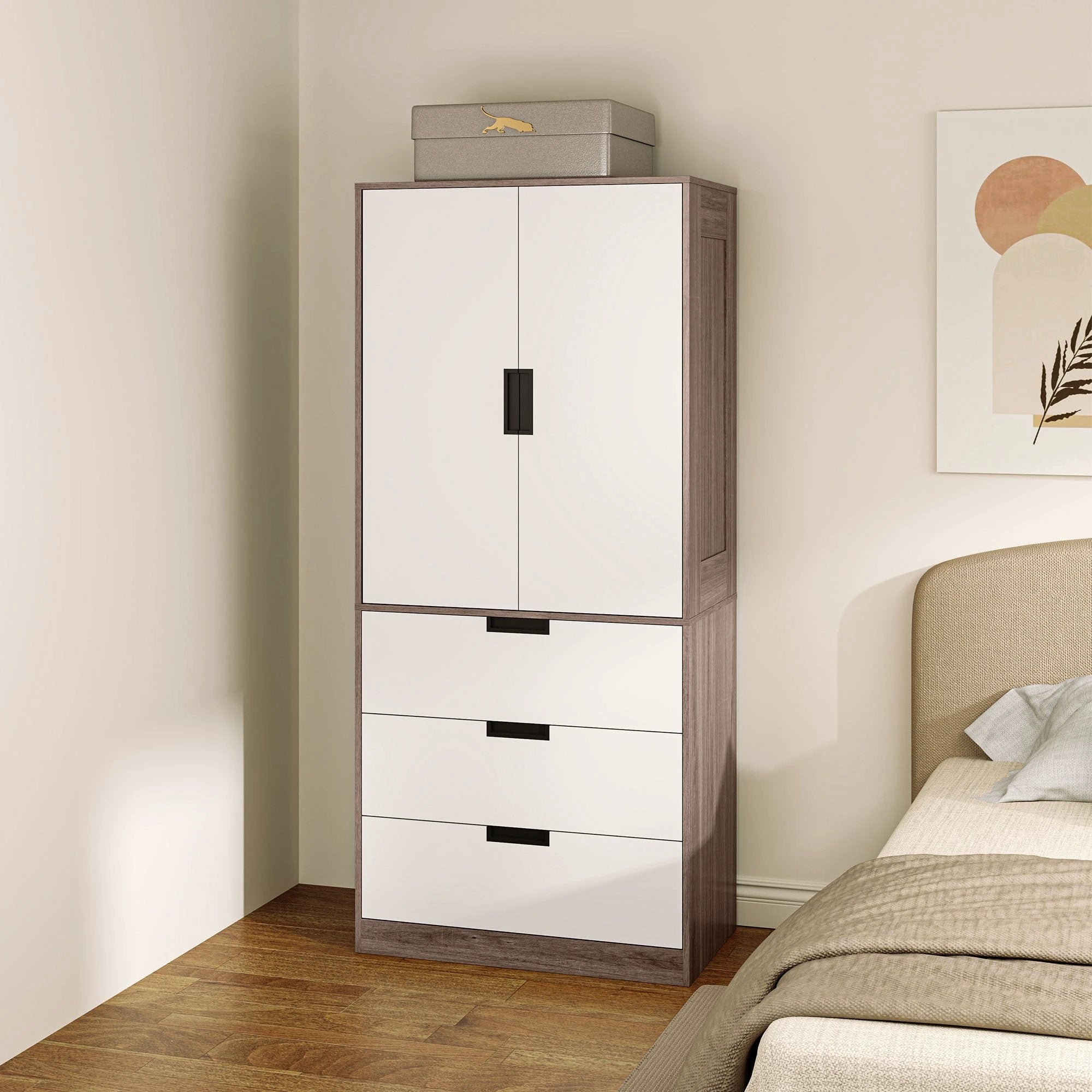 HOMCOM 2 Door Wardrobe Brown Wardrobe with 3 Drawer and Hanging Rod Brown by HOMCOM