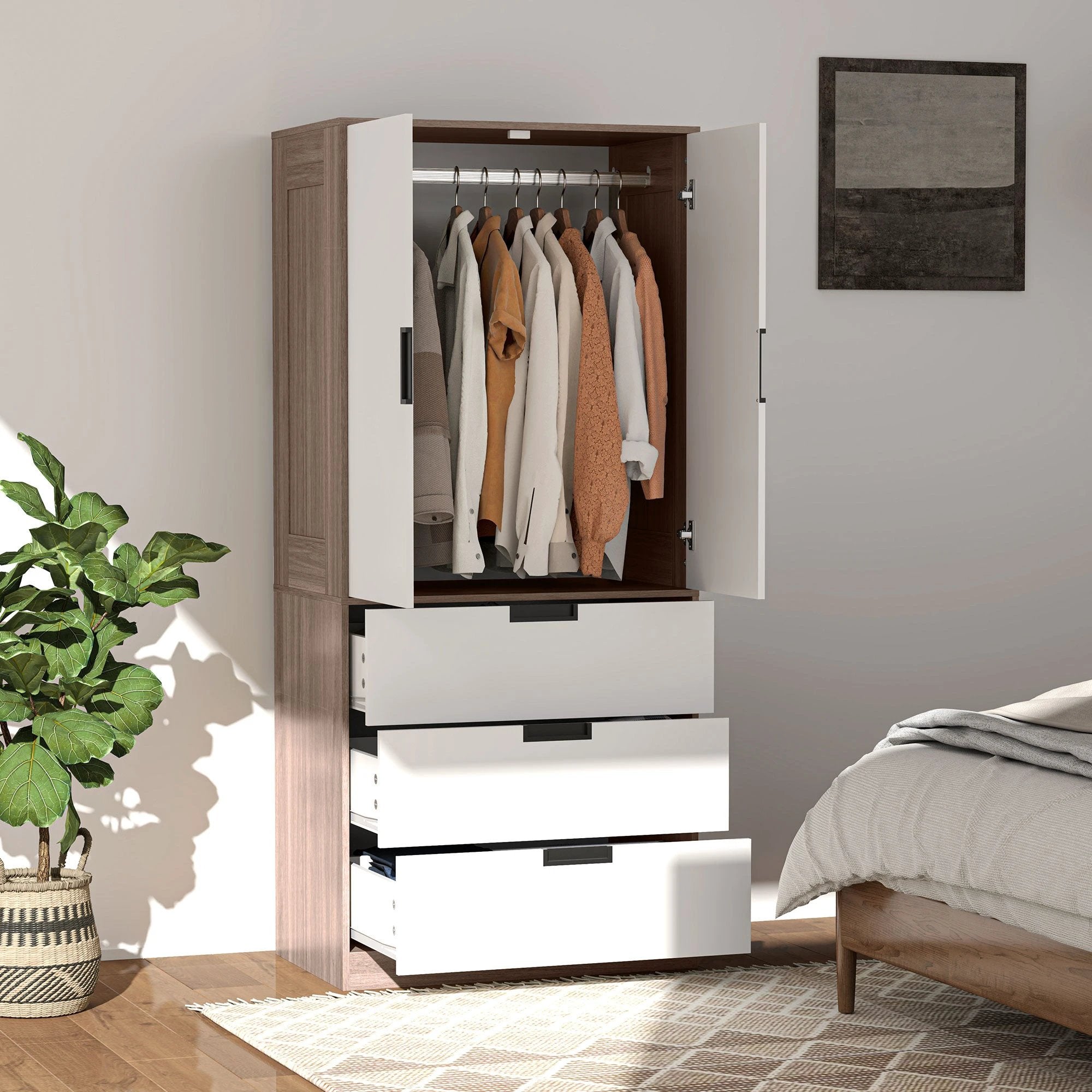 HOMCOM 2 Door Wardrobe Brown Wardrobe with 3 Drawer and Hanging Rod Brown by HOMCOM