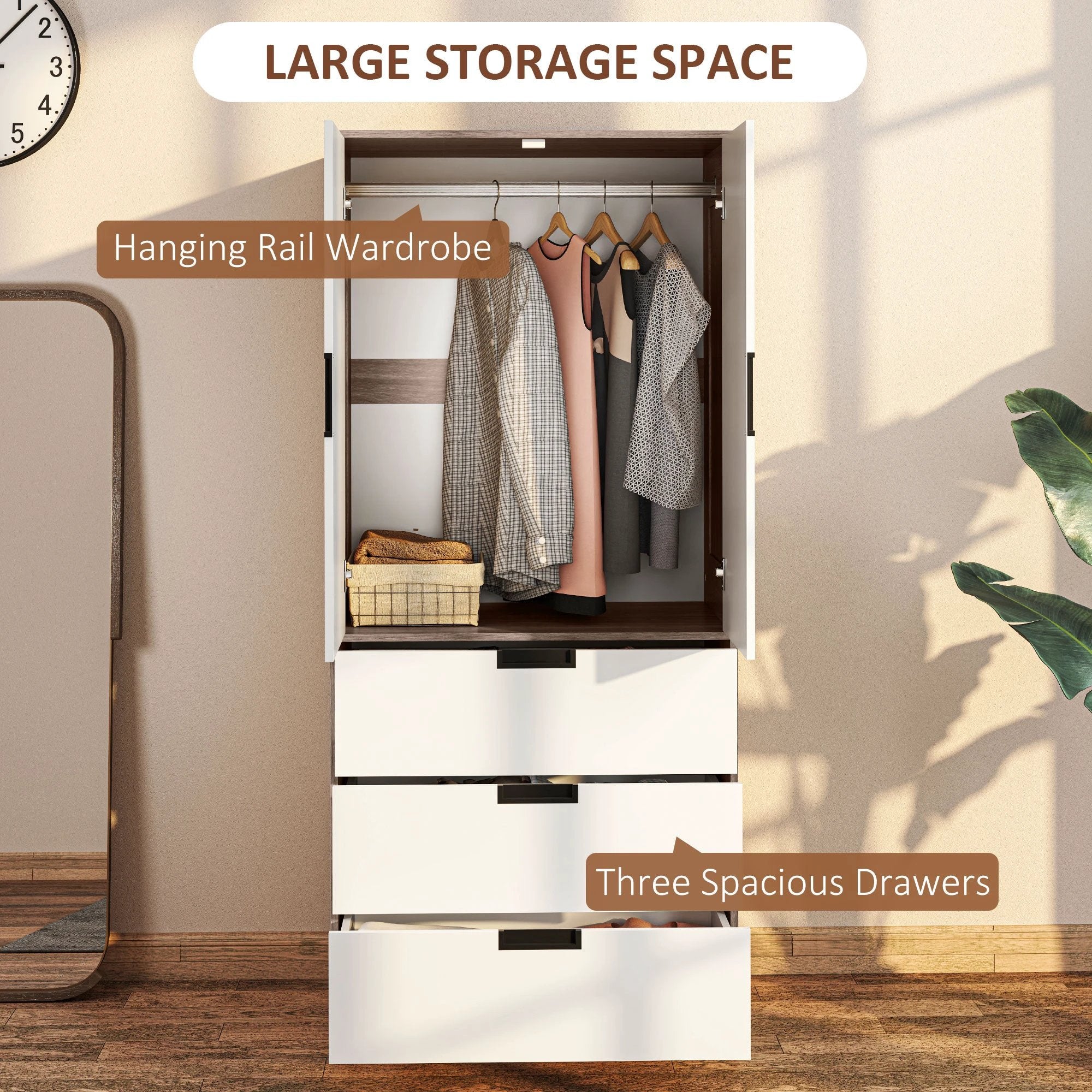 HOMCOM 2 Door Wardrobe Brown Wardrobe with 3 Drawer and Hanging Rod Brown by HOMCOM