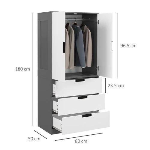 HOMCOM 2 Door Wardrobe Grey Wardrobe with 3 Drawer and Hanging Rod for Bedroom by HOMCOM