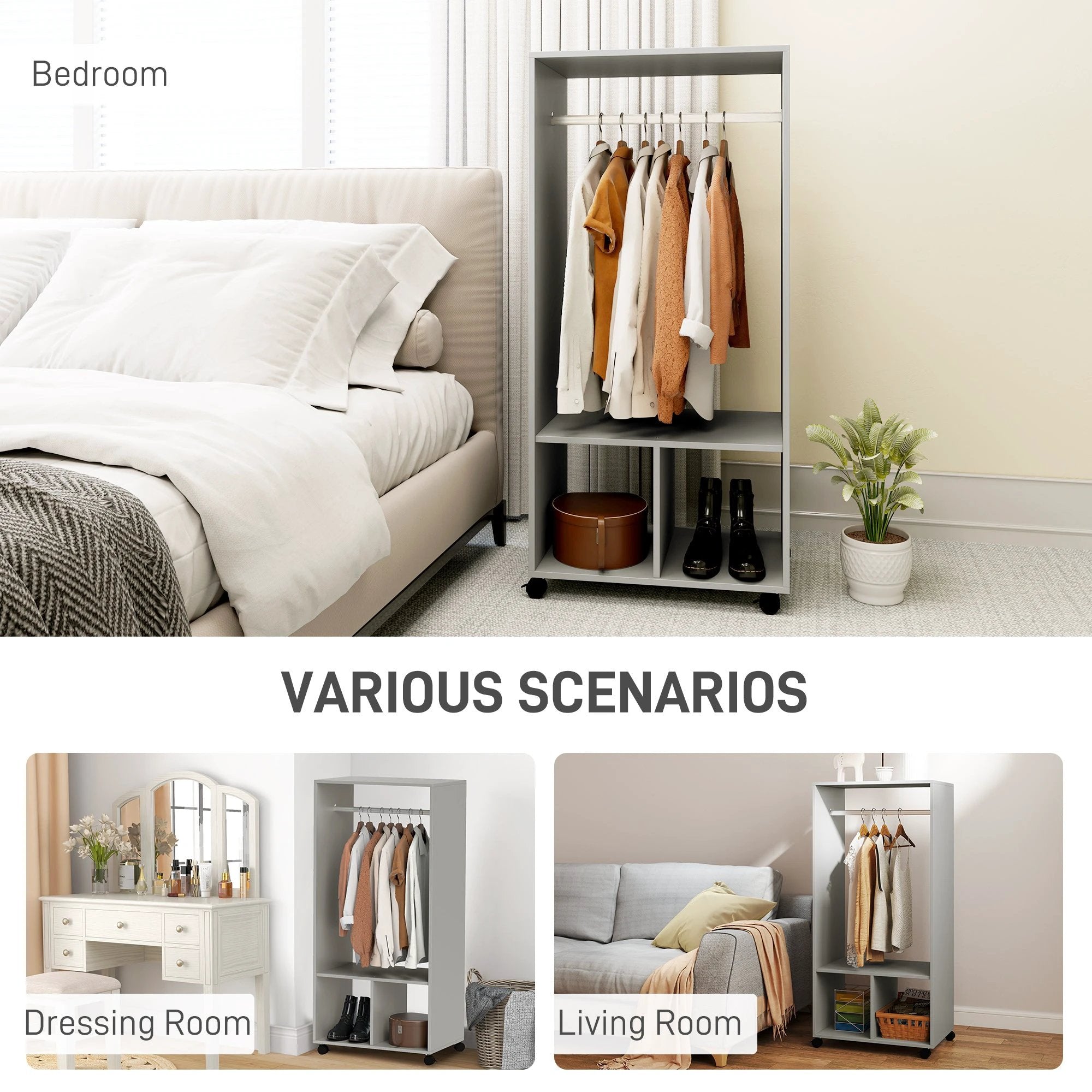 HOMCOM Open Wardrobe Clothes Rail Bedroom Clothes Storage Rod Shelves Grey by HOMCOM