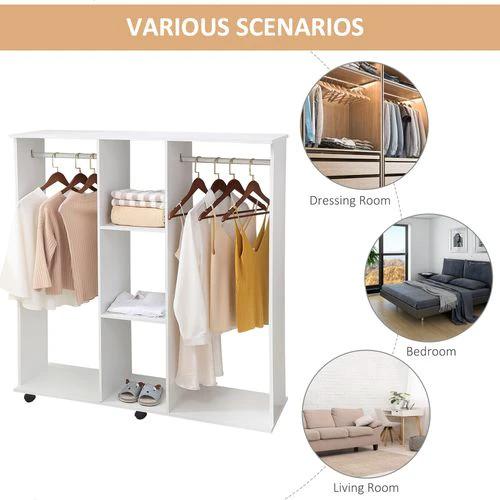 Mobile Double Open Wardrobe w/ Clothes Hanging Rail Colthing White by HOMCOM