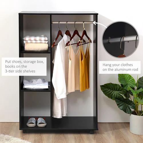 HOMCOM Rolling Open Wardrobe Hanging Rail Storage Shelves for Clothes, Black - Wardrobe