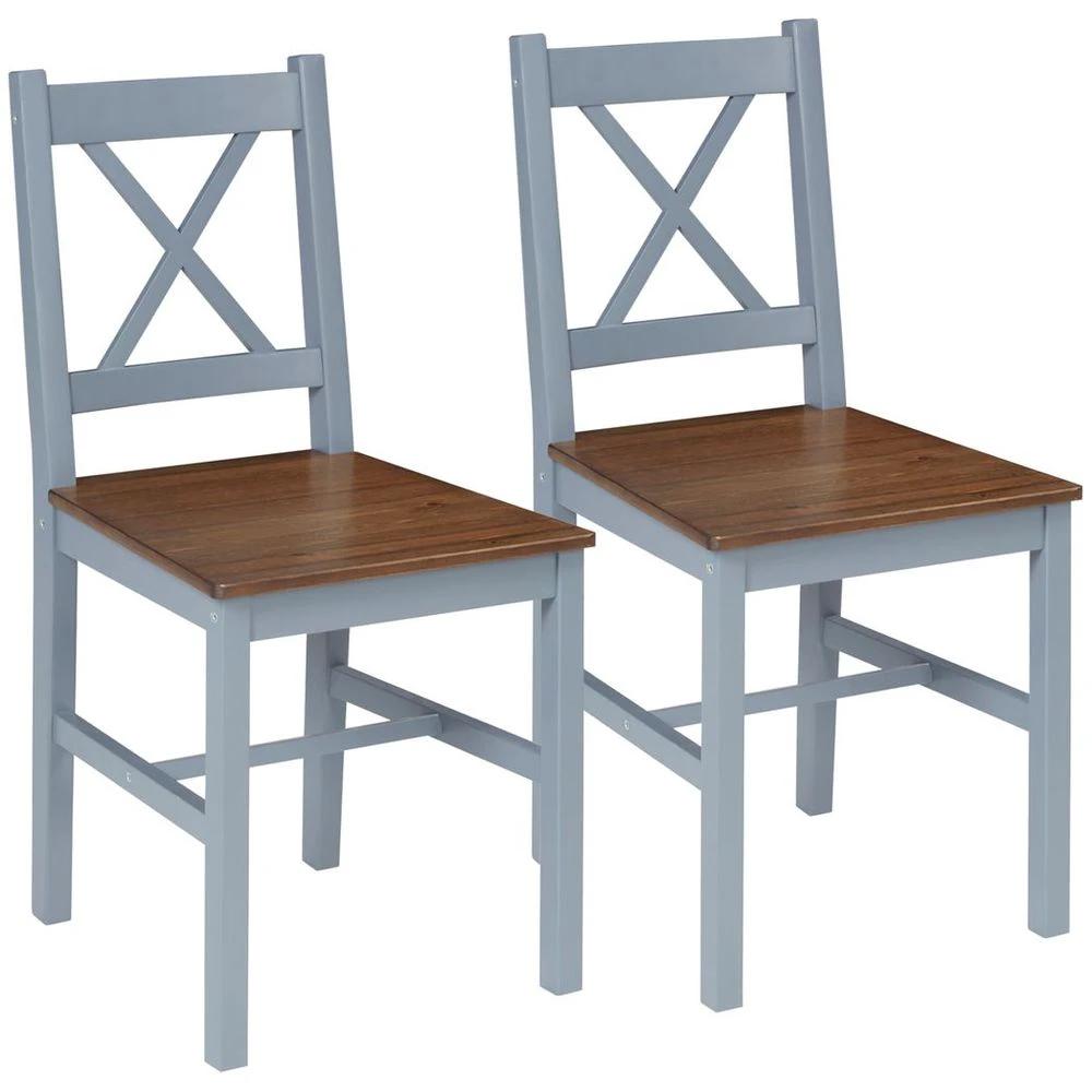 HOMCOM Dining Chairs Set of 2, Pine Wood Frame, Cross Back for Kitchen Grey - Uncategorized Wooden Chairs
