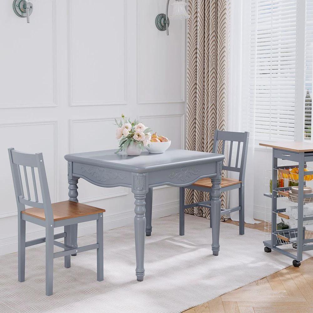 Dining Chairs Set of 2, Pine Wood Frame, Slat Back for Kitchen Grey by HOMCOM