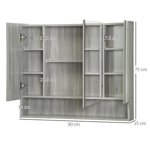kleankin kleankin Bathroom Mirror Cabinet, Wall Mounted 3 Doors and Cupboards, Grey - Mirror