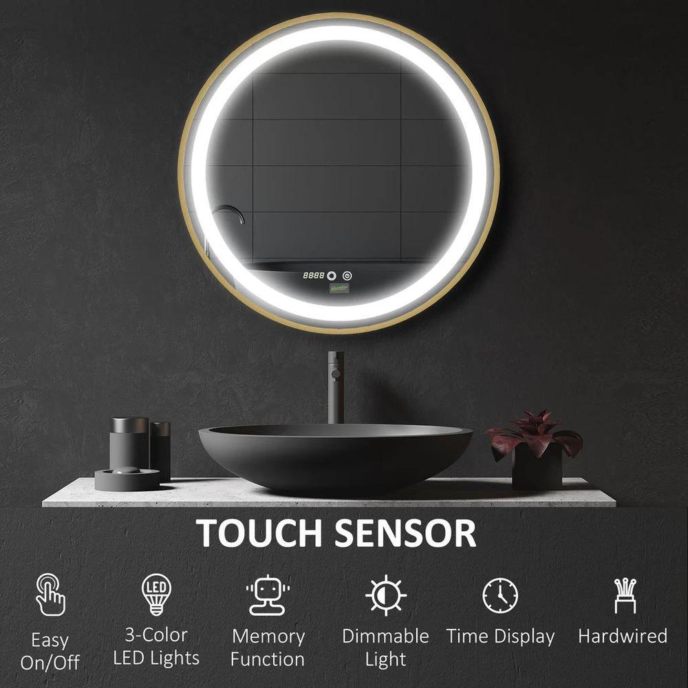 LED Bathroom Mirror Wall Mounted Round Vanity Mirror w/ Lights, Time Display by kleankin