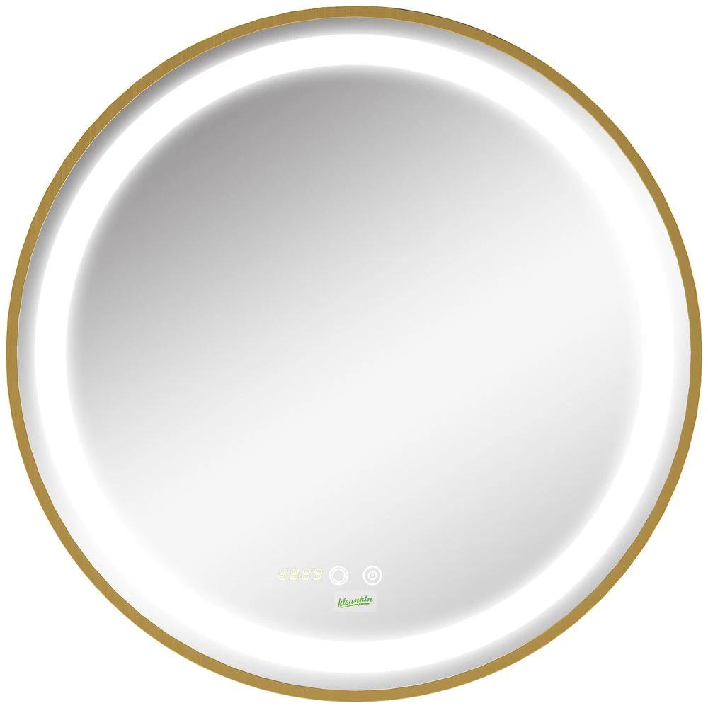 kleankin LED Bathroom Mirror Wall Mounted Round Vanity Mirror w/ Lights, Time Display - Mirror