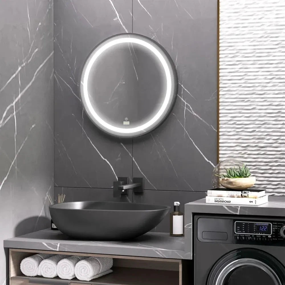 LED Smart Bathroom Mirror Wall Mounted Round Vanity Mirror w/ Lights, Black by kleankin