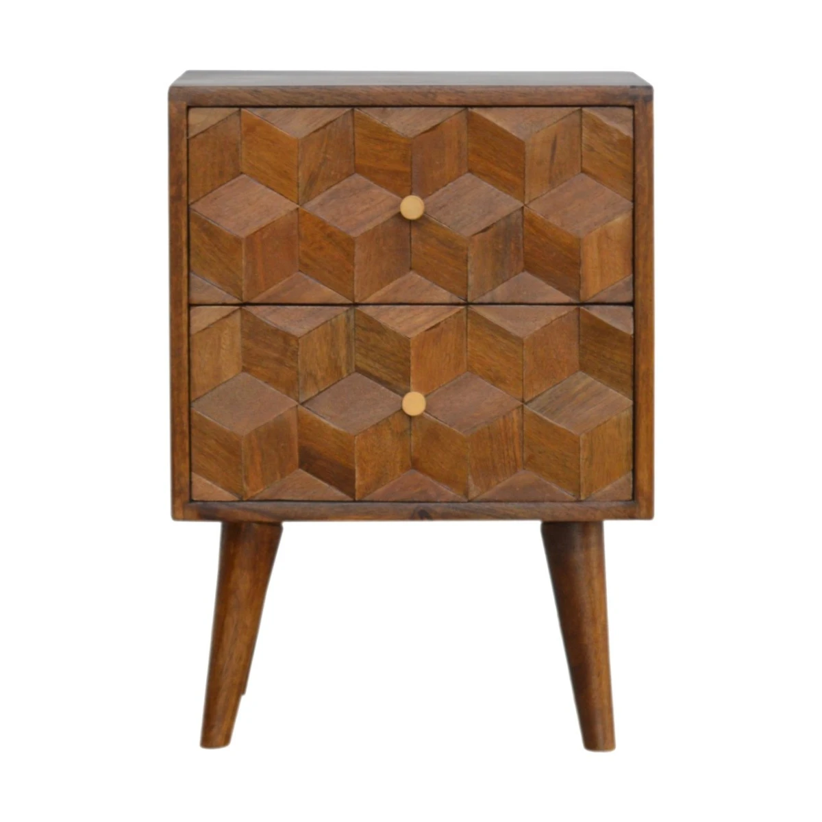 Artisan Furniture Artisan Solid Mango Wood Bedside Table Hand Carved Cube Drawer Fronts Bedroom Decor - Bedside Table
