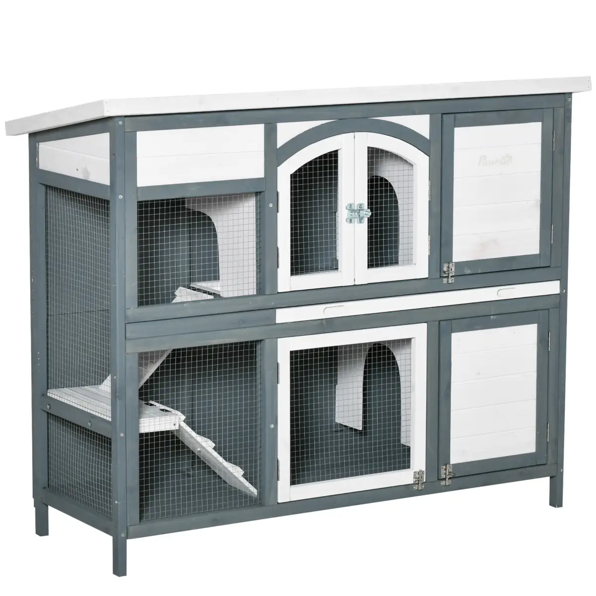 Pawhut Two-Tier Wooden Rabbit Hutch Bunny Run w/ Openable Roof, Slide-Out Tray, Ramp - Rabbit Hutch
