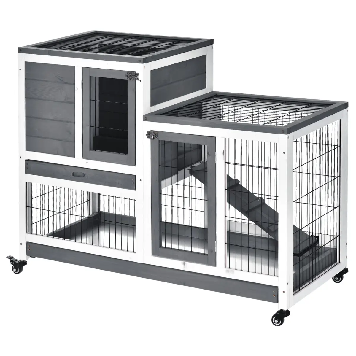 Pawhut Wooden Rabbit Hutch Bunny Guinea Pigs House Cage Wheels Indoor 110 x 50 x 86cm - Rabbit Hutch