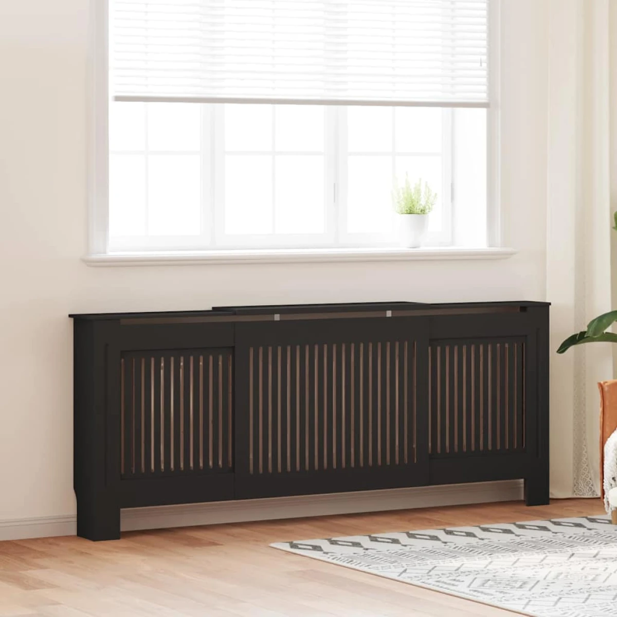 VidaXL Radiator Cover 142-205 cm Wide 20.5x81.5 cm Black Slatted Front 2-Piece for Living Rooms by vidaXL