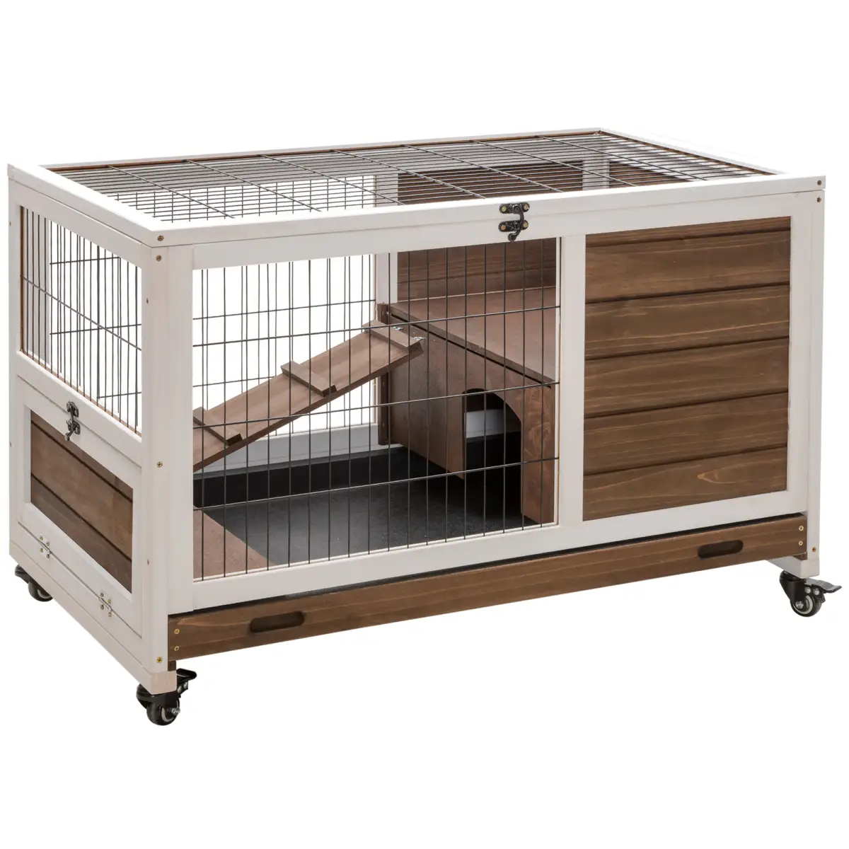 PawHut PawHut Wood Indoor Rabbit Hutch Elevated 2-Floor Guineas Pigs Cage w/ Wheels and with openable Roof - Rabbit Hutch