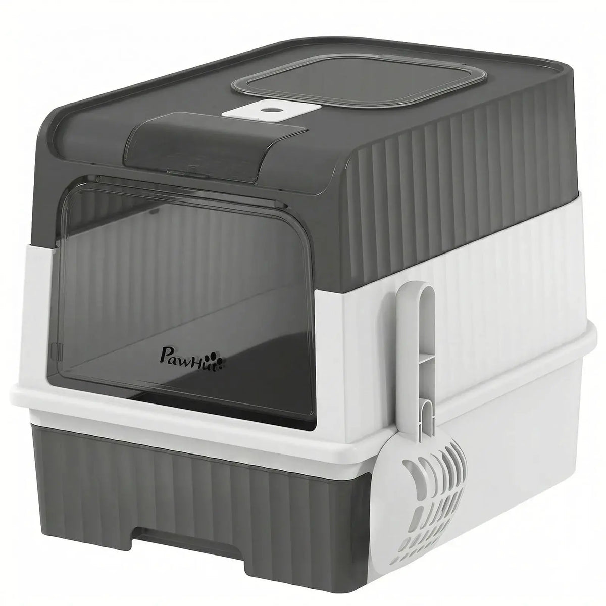 PawHut Enclosed Cat Litter Box with Lid, Pull-Out Drawer Tray, Scoop, 2 Deodorisation Bags, Front Entry & Top Exit, Grey - from PawHut