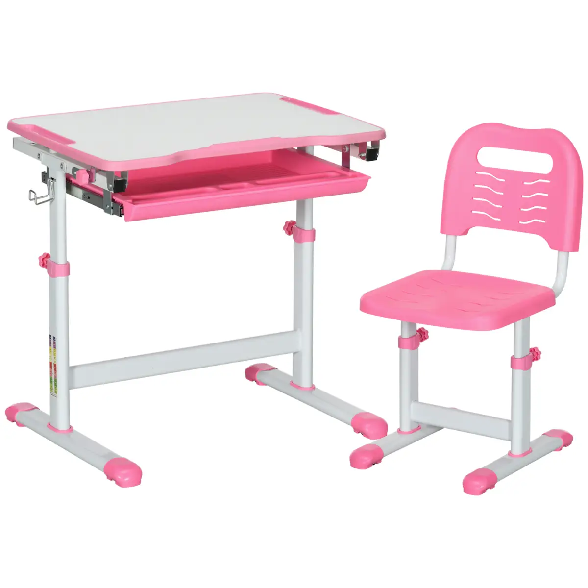 HOMCOM Kids Desk and Chair Set, Height Adjustable Desk with Drawer, Pen Slot, Hook - Desk
