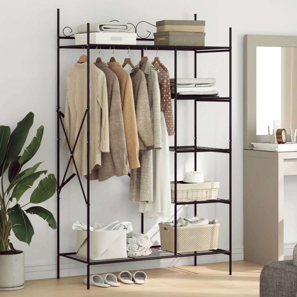 vidaXL Open Wardrobe Black Metal Frame 4-Tier With Hanging Rod For Bedroom Storage by vidaXL