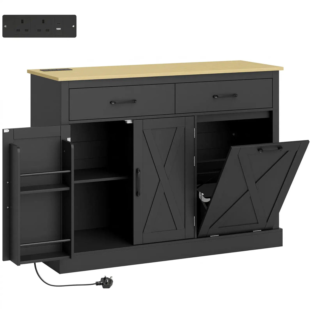 HOMCOM Tilt Out Trash Cabinet with Charging Station, Kitchen Island with Storage, 57 Liter Hidden Rubbish Bin Storage, Black - from HOMCOM