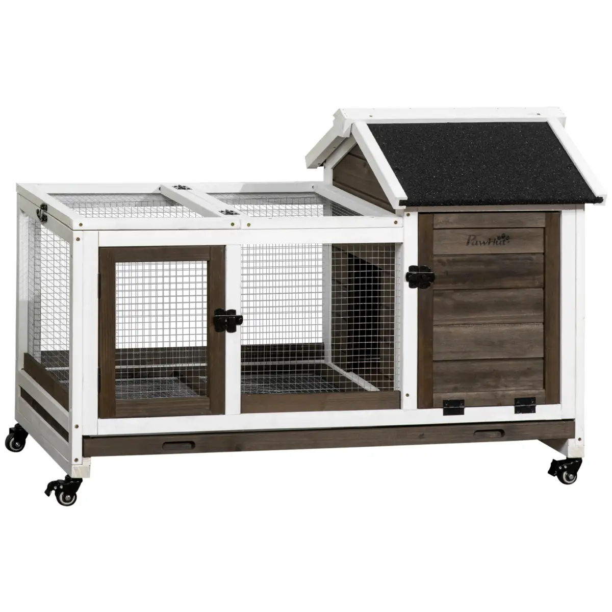 PawHut Rabbit Hutch Guinea Pig Cage with Slide-out Tray Wheels for Outdoor & Indoor - Rabbit Hutch