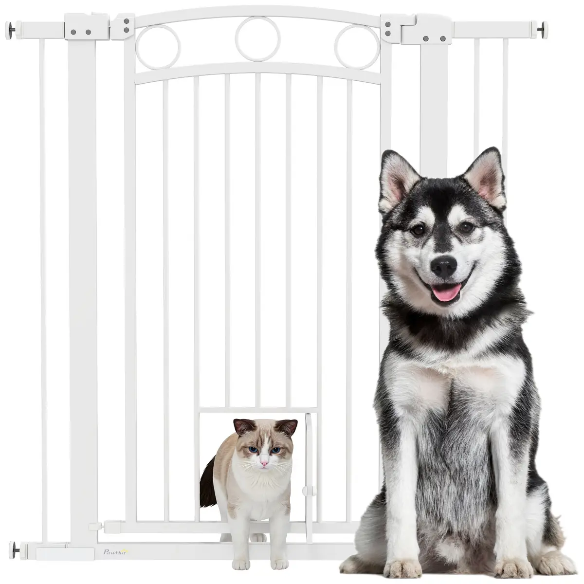 PawHut Stair Gate with Cat Door, Adjustable Width, 76-104cm and 106cm Tall - Pet Gate