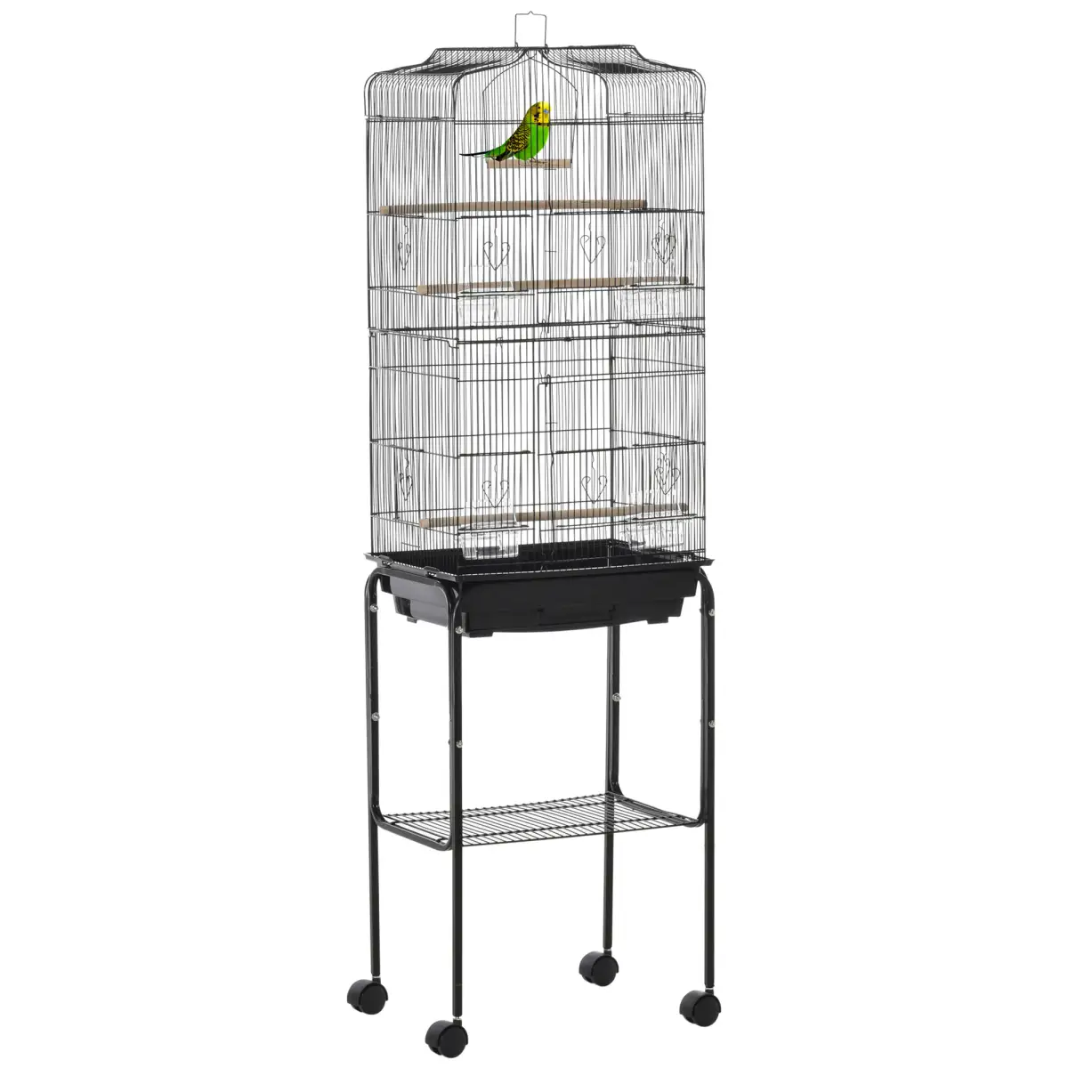 Pawhut Bird Cage Metal Budgie Cages W/ Rolling Stand Slide-out Tray Storage Shelf Black - Bird Cage