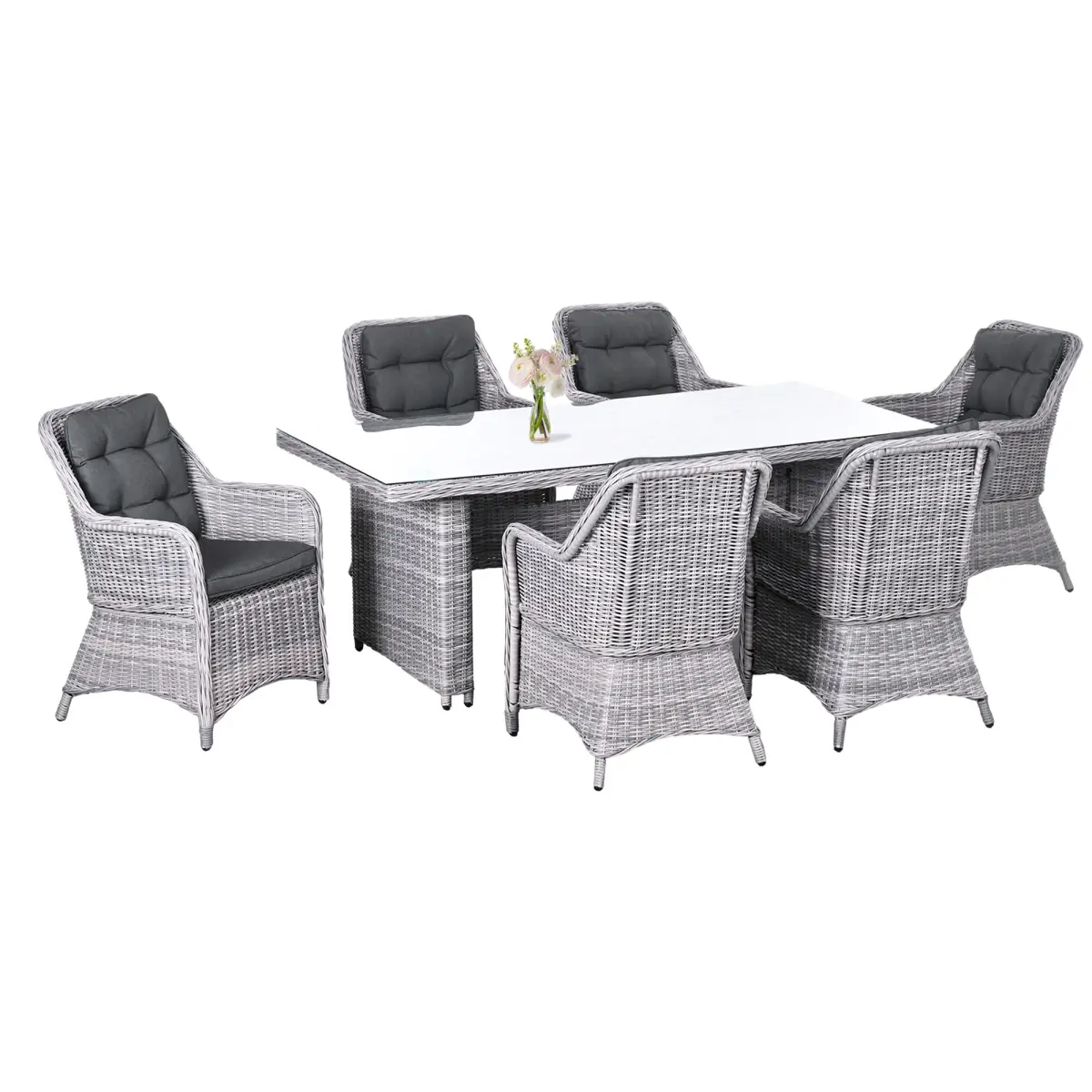 Outsunny 7 PCS Patio PE Rattan Wicker Dining Table Set Furniture w/ Tempered Glass - Garden Set