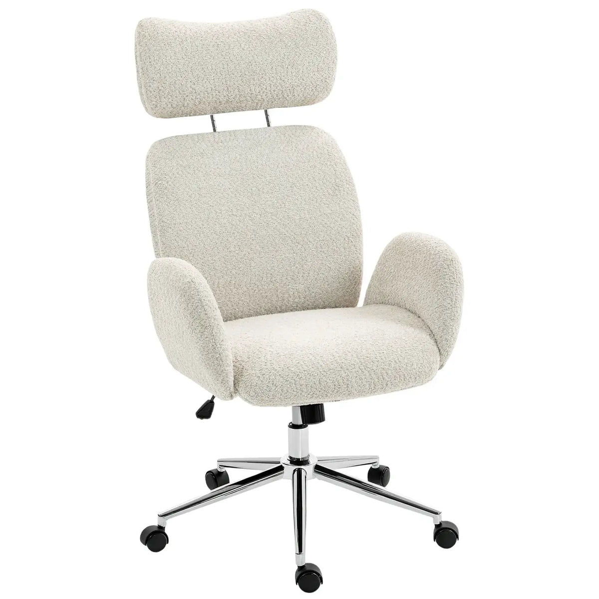 HOMCOM Office Chair with Adjustable Headrest, Spring Pack, Curved Line, Boucle Fabric - Pale Grey - from HOMCOM