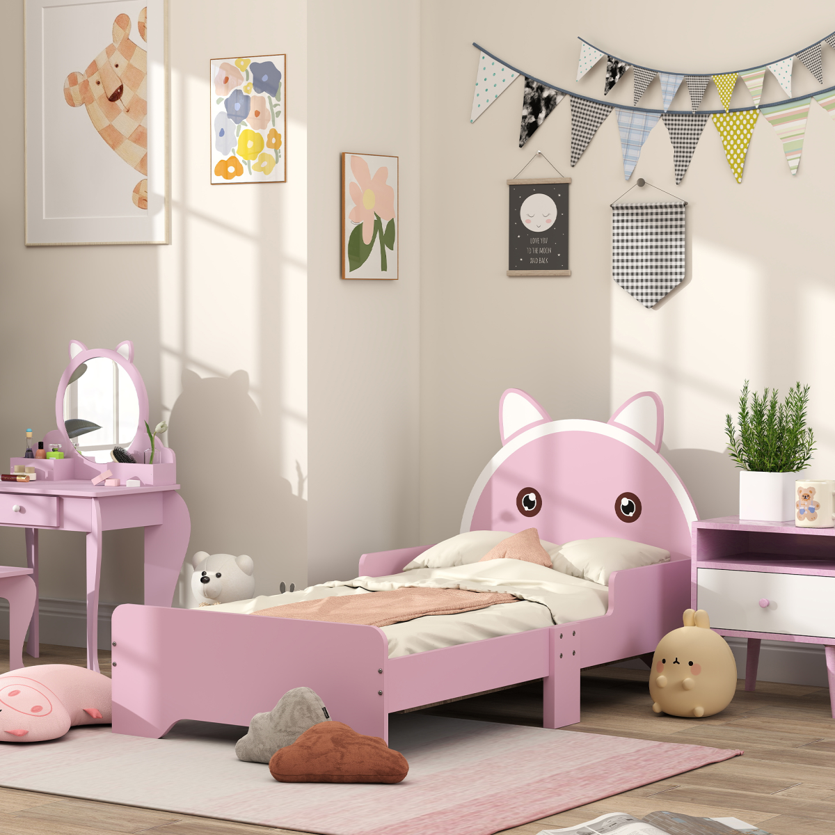 ZONEKIZ Toddler Bed Frame Cat Design Kids Bed with Guardrails - Pink - from ZONEKIZ