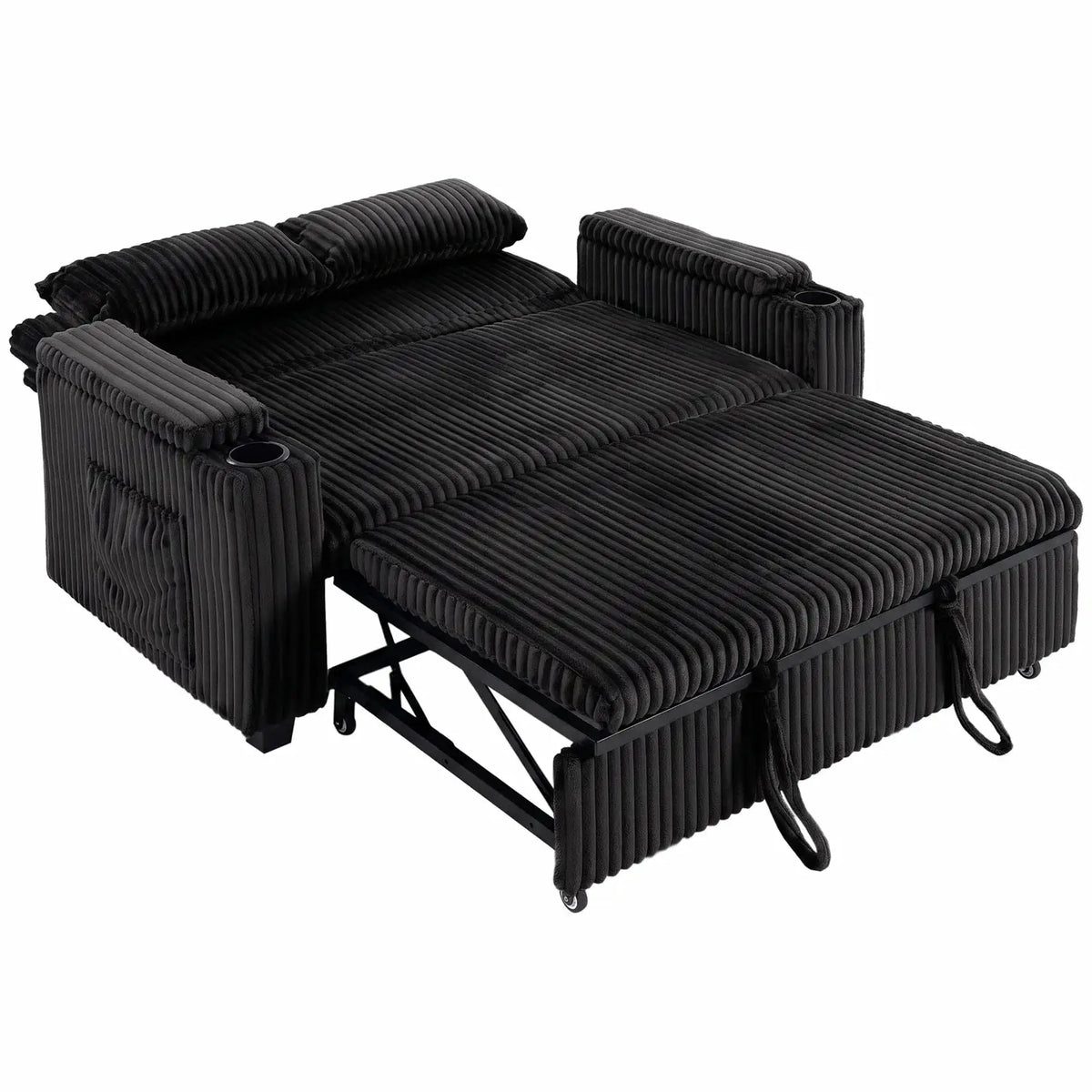 HOMCOM 2 Seater Sofa Bed, Pull Out Sleeper Sofa w/ Adjustable Backrest, Storage Armrests, Cup Holders, Side Pockets, Black - from HOMCOM