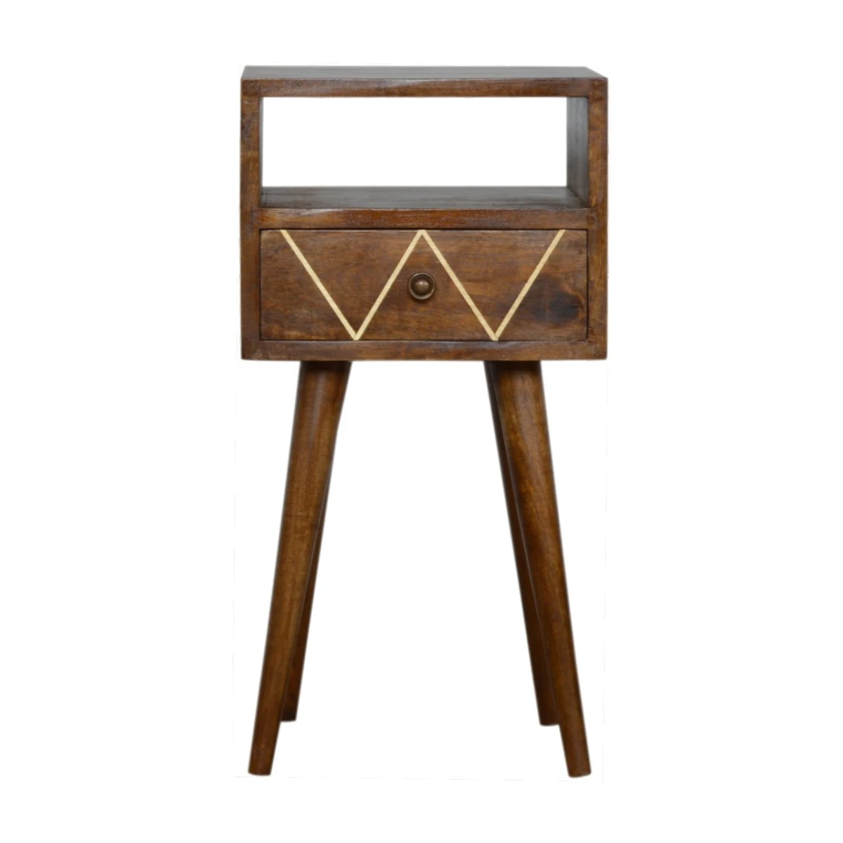 Artisan Furniture Artisan Bedside Table Mini Solid Mango Wood Geo Brass Inlay Drawer Shelf For Modern Bedroom Decor - Bedside Table