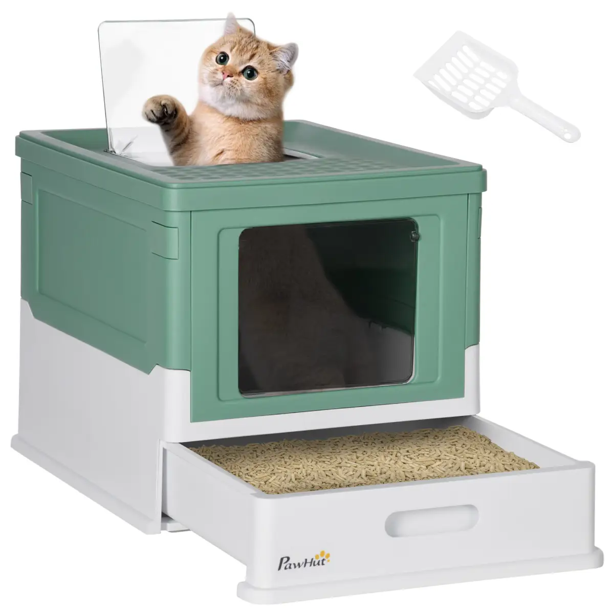 PawHut Hooded Cat Litter Box, Portable Pet Toilet w/ Scoop, Tray - Green - Cat Litter