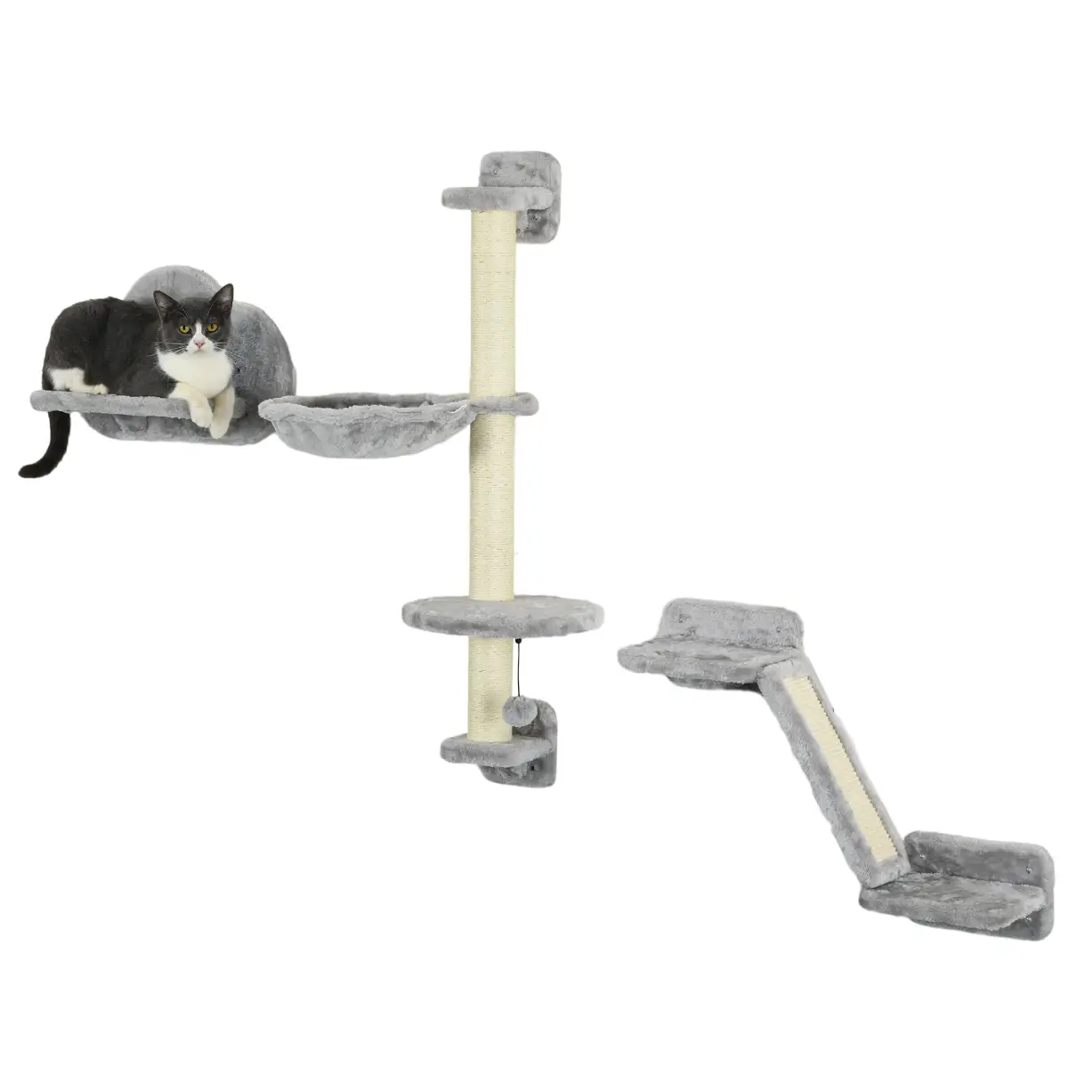 PawHut PawHut Cat Wall Furniture with Hammock Platforms Ladder Scratching Post - Grey - Cat Tree