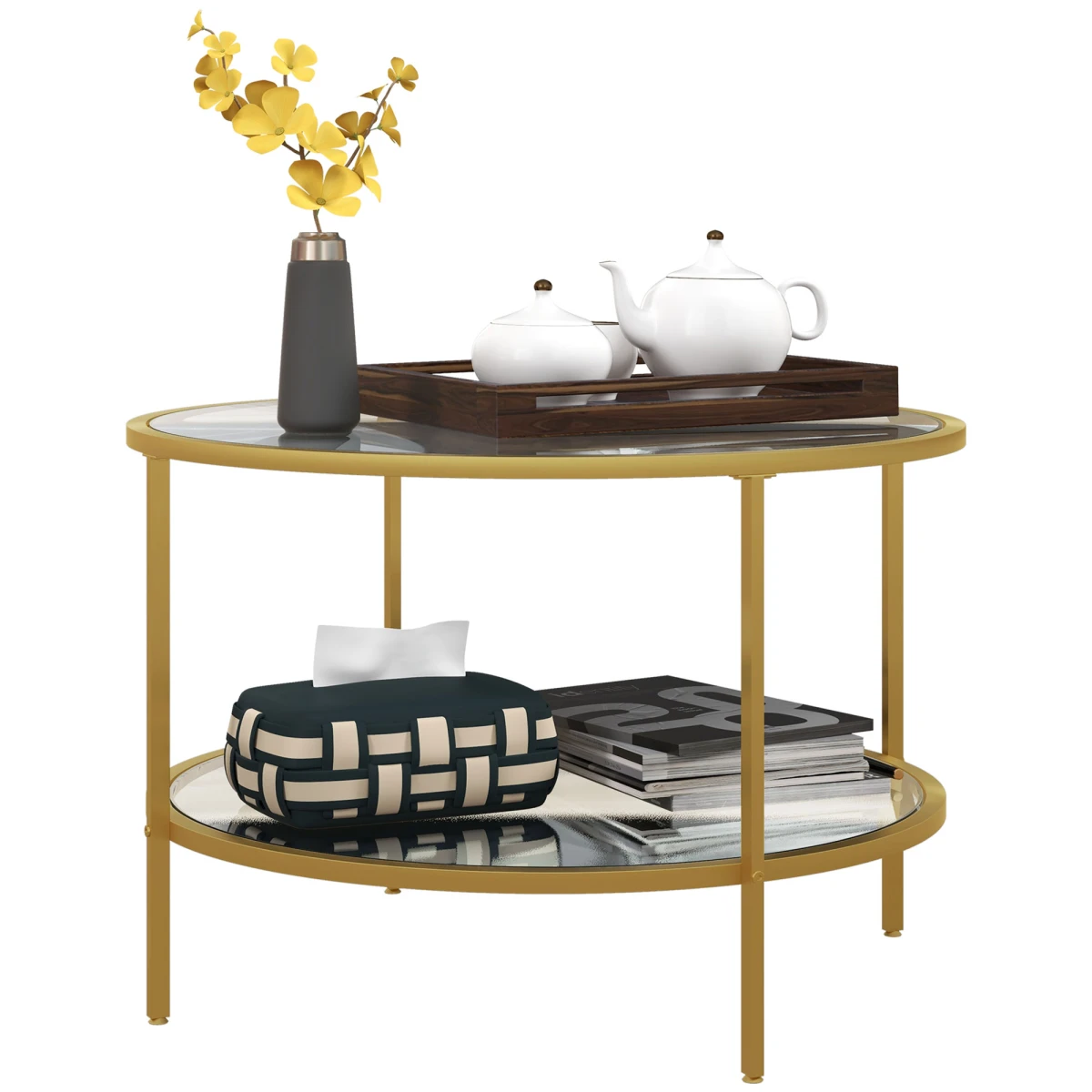 HOMCOM Round Coffee Table Tempered Glass Gold - Coffee Table
