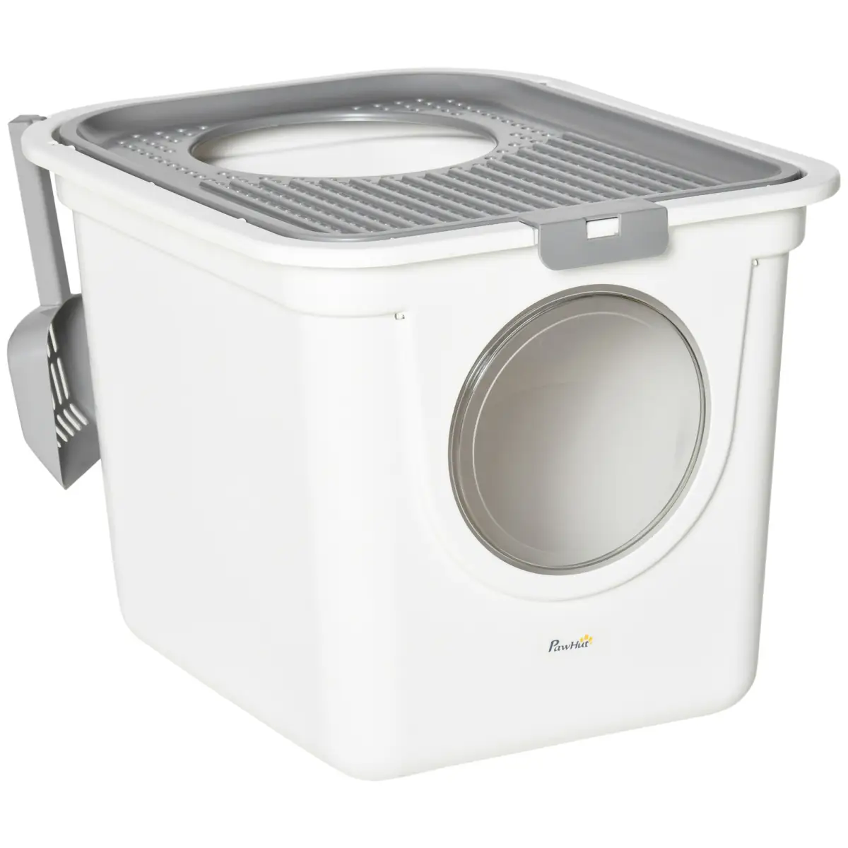 Pawhut Cat Litter Tray Pet Litter Box Toilet w/ Front Entrance, Top Exit, Scoop - White - Cat Litter