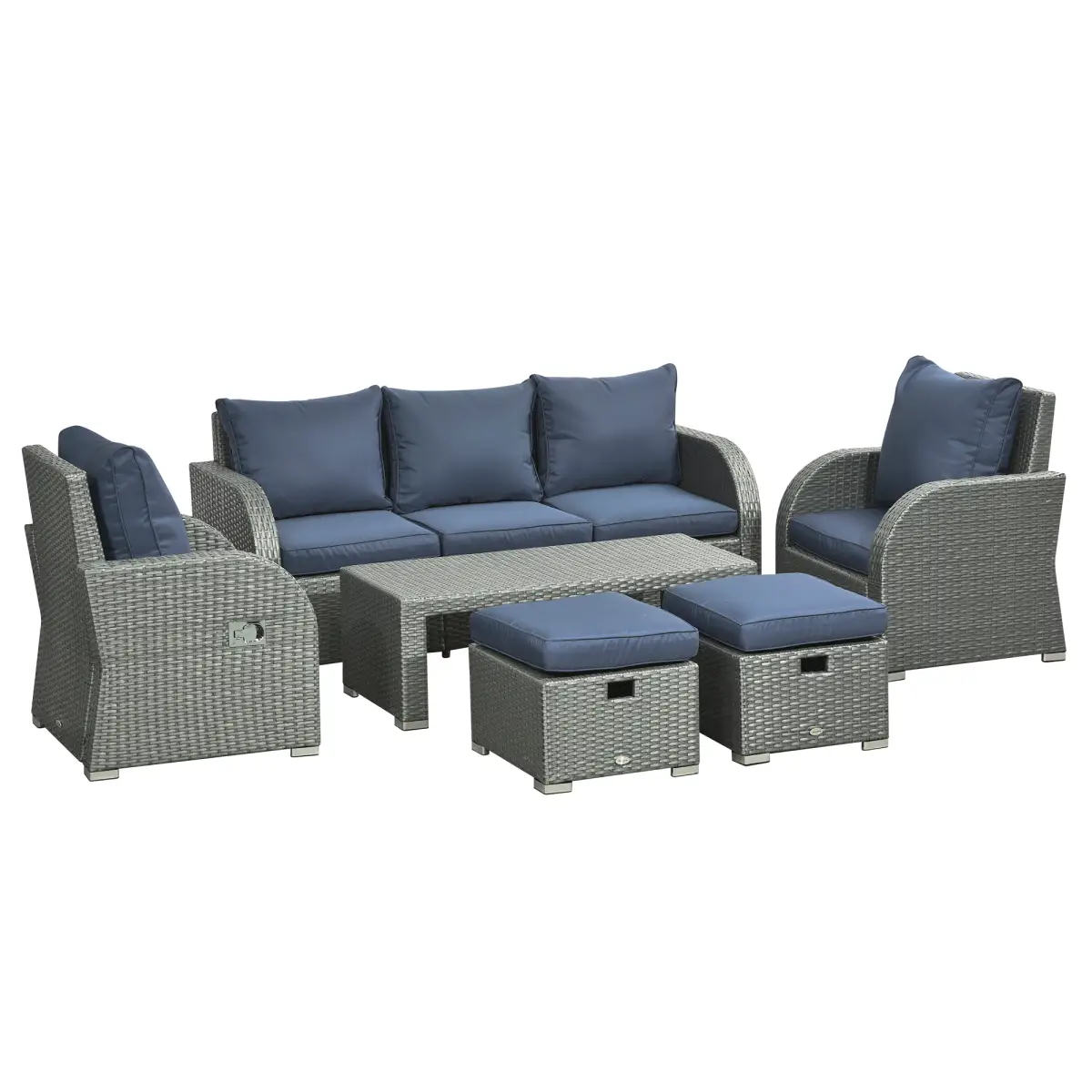Outsunny Outsunny 6pc Padded Outdoor Rattan Wicker 3-Seat Sofa Recliner Footstool Table - Garden Set