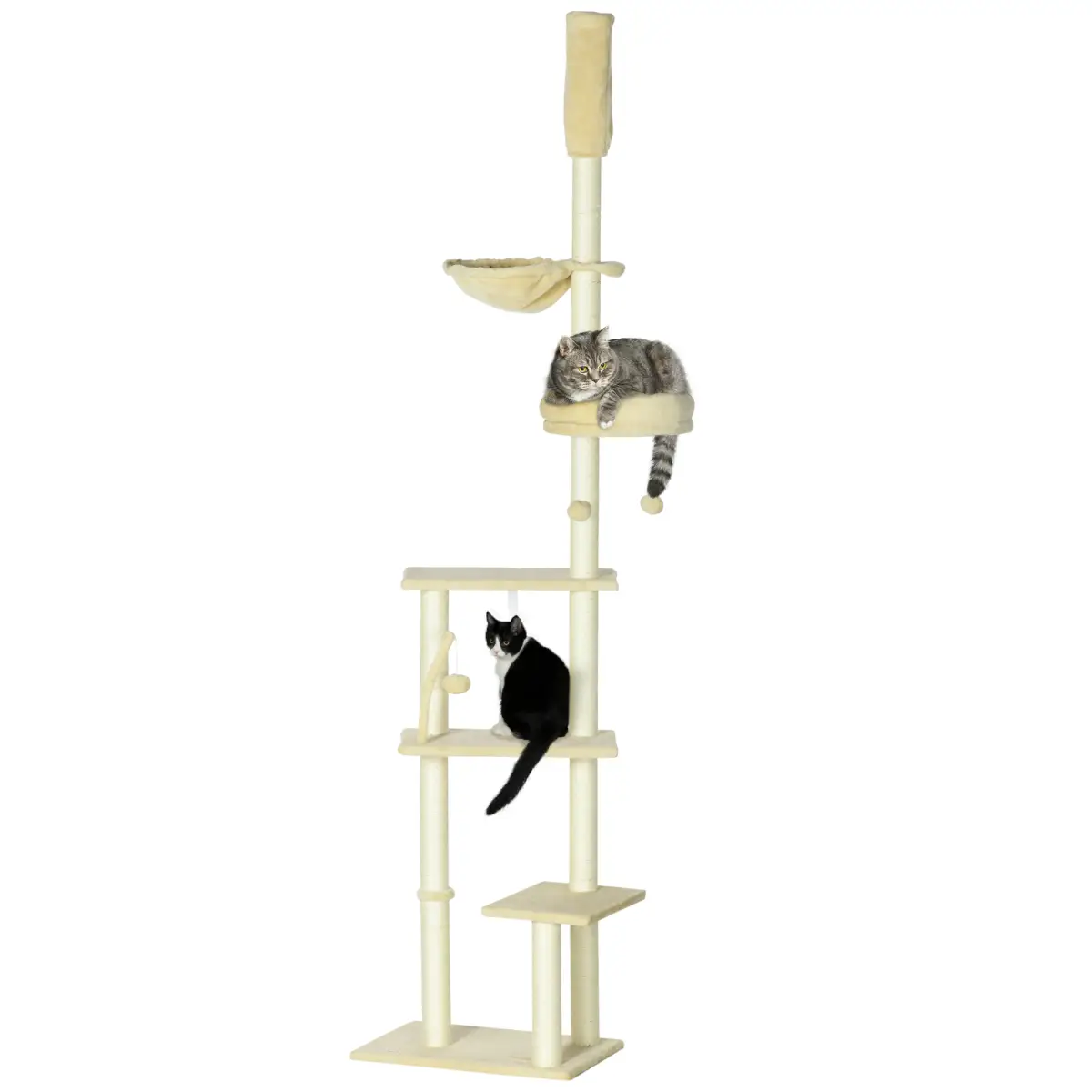 PawHut 6-Tier Floor to Ceiling Cat Tree with Scratching Post, Bed, Hammock, Beige - Cat Tree