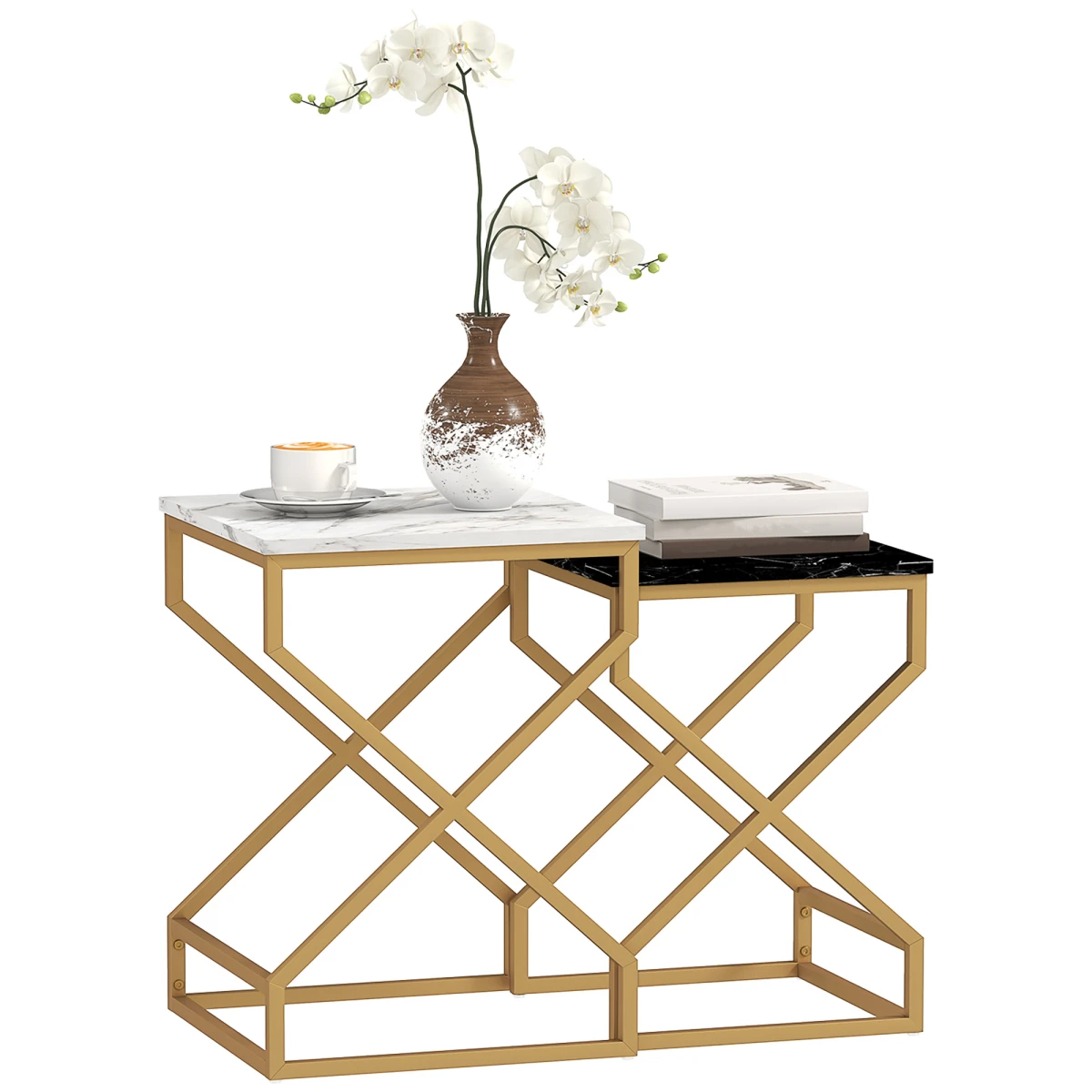 HOMCOM Nest Of Tables Two Piece Set Marble Effect Tops Gold Tone Steel Frame For Living Room by HOMCOM