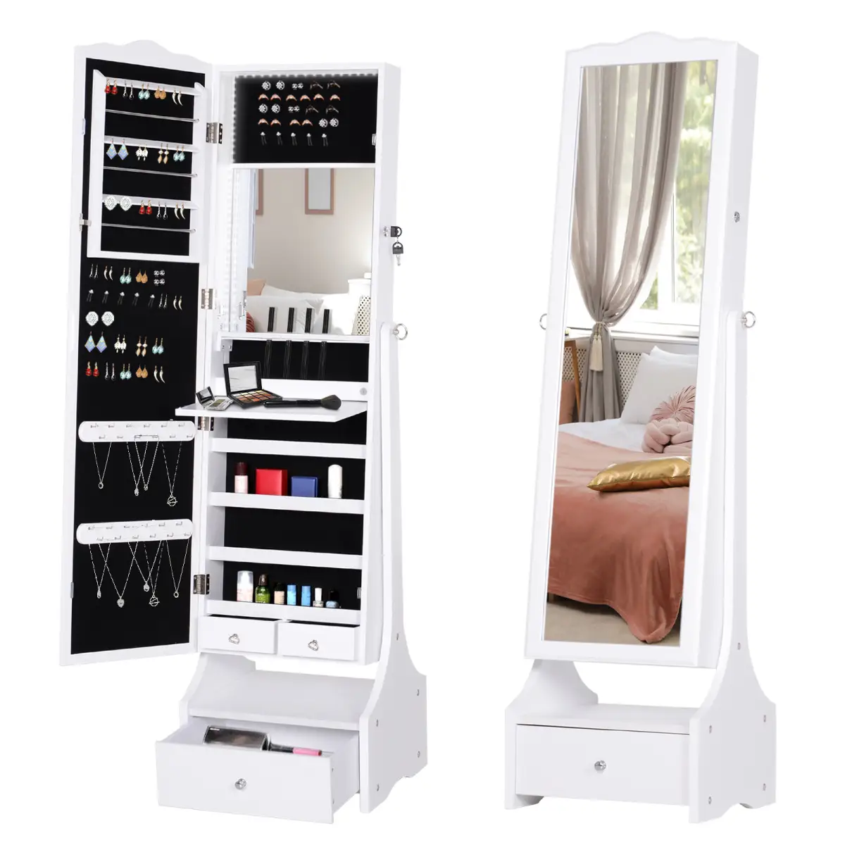 Unbranded Mirrored Jewelry Cabinet Armoire Floor Standing Lock, LED Light White - Display Cabinet