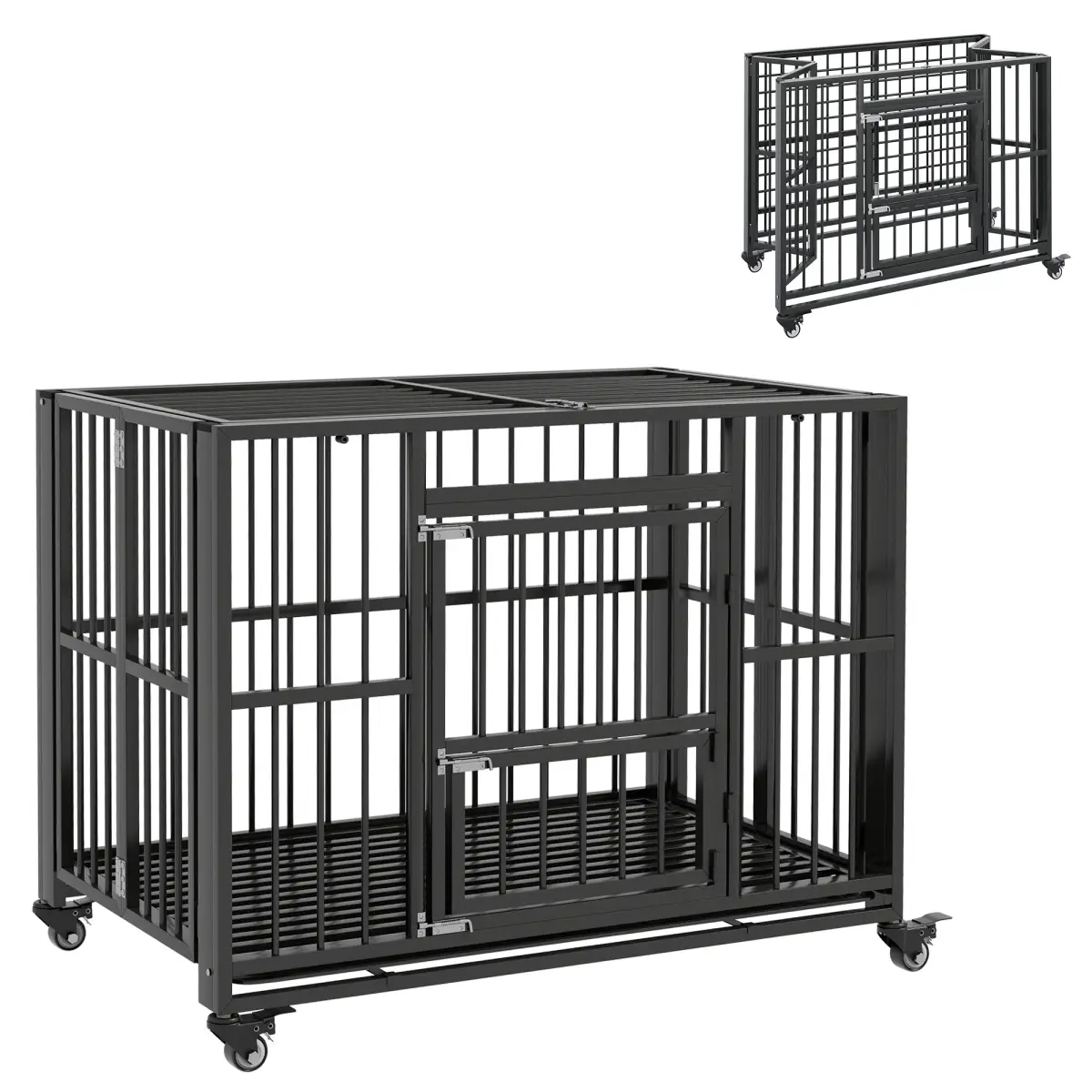 PawHut PawHut 43" Foldable Heavy Duty Dog Crate with Locks, Removable Tray, Wheels - Dog Crate
