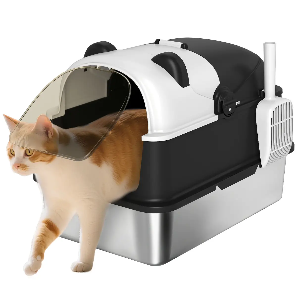 PawHut XL Stainless Steel Litter Box Tray with Lid, Panda Style - Cat Litter