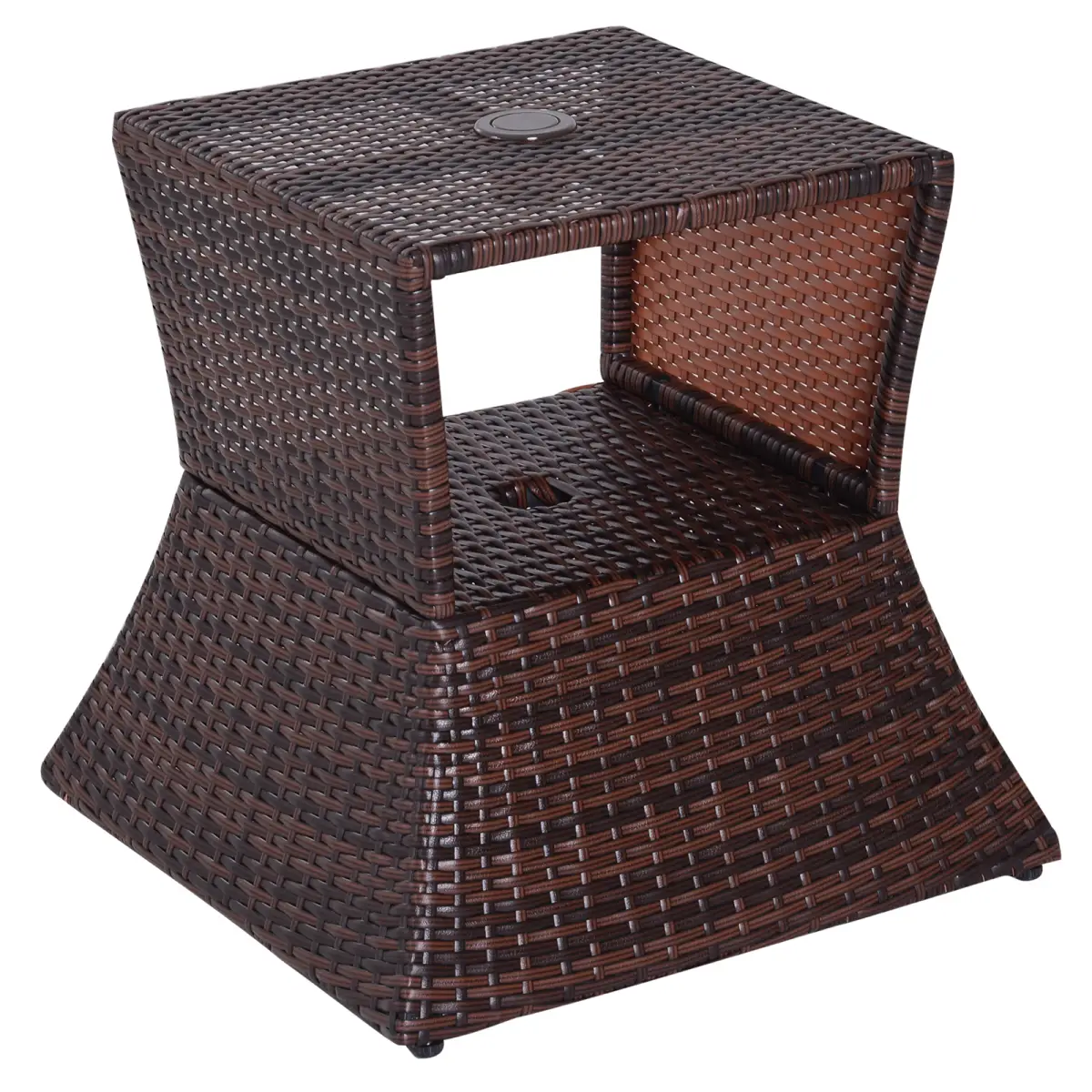 Outsunny Outsunny Rattan Wicker Tea Coffee Table w/ Umbrella Hole Storage Space Brown - Garden Table