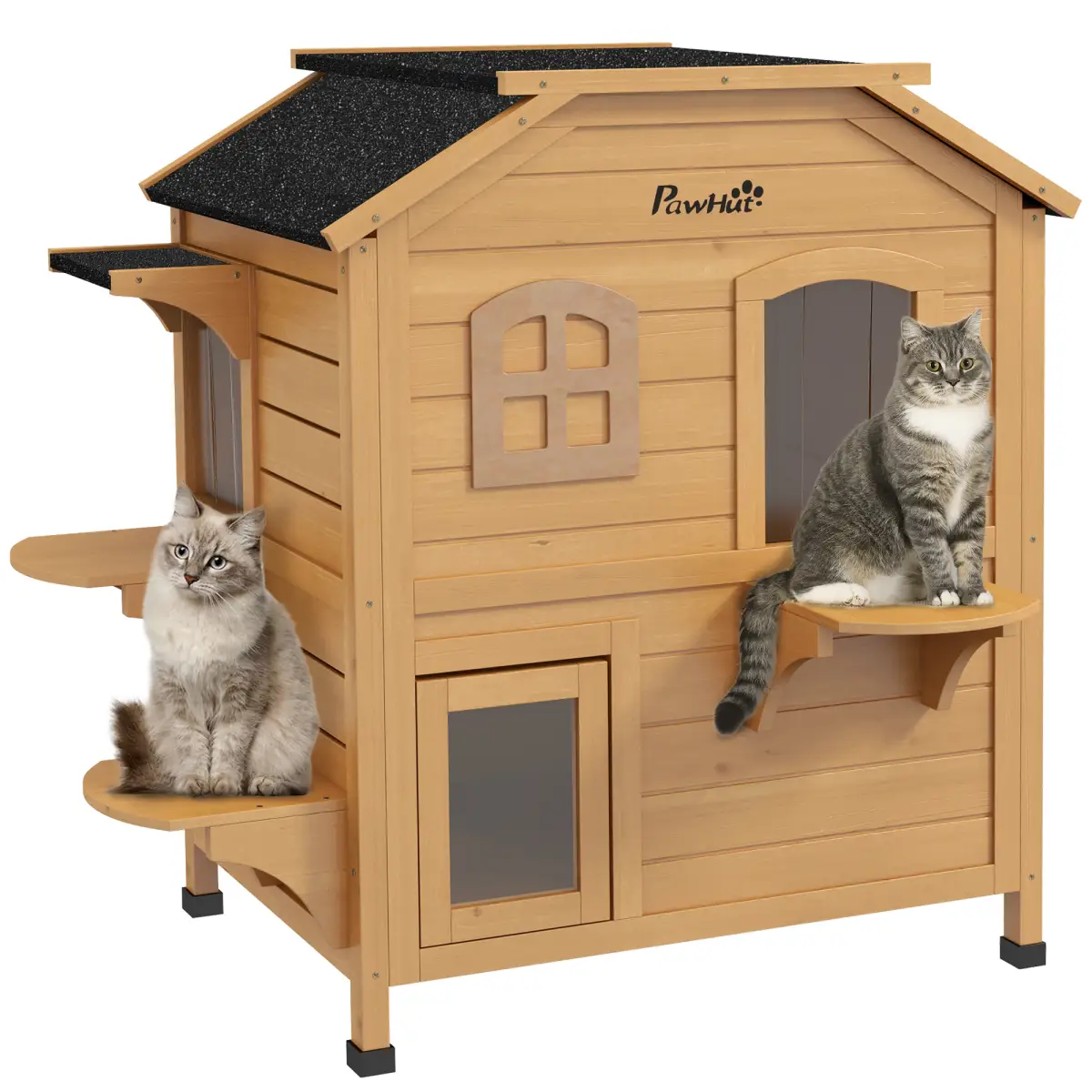 PawHut Wooden Cat House Cat Cave Pet Shelter Condos Outdoor Natural Wood Finish - Cat House