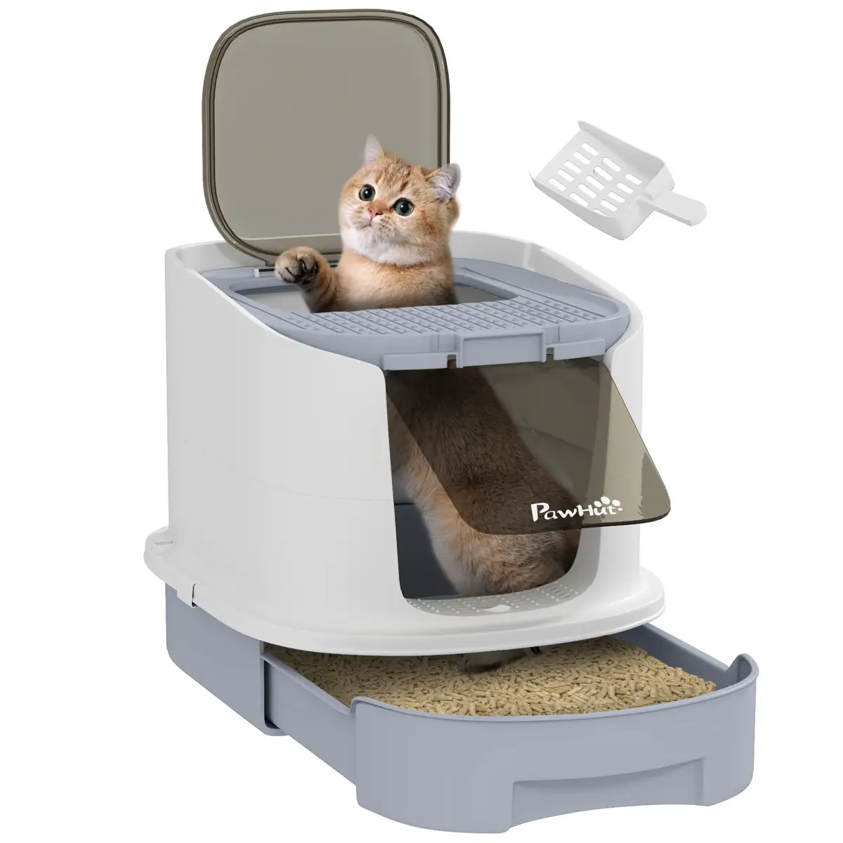 PawHut Cat Litter Box, Hooded Cat Litter Tray with Lid, Scoop, Grey - Cat Litter