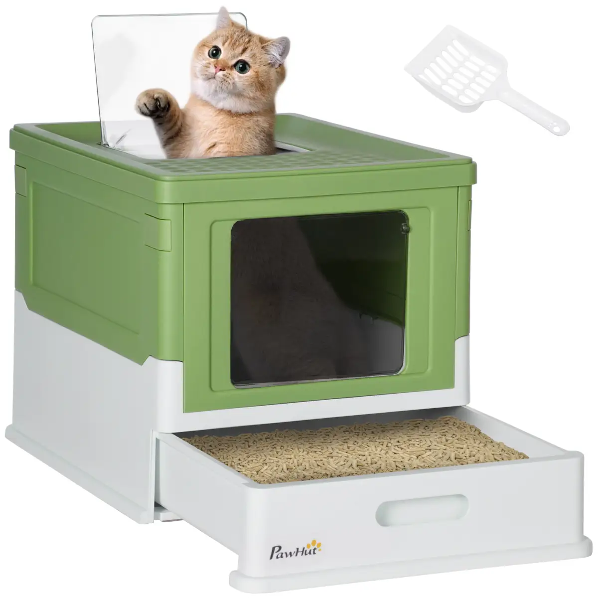 PawHut Hooded Cat Litter Box, Pet Toilet w/ Scoop, Tray - Light Green - Cat Litter