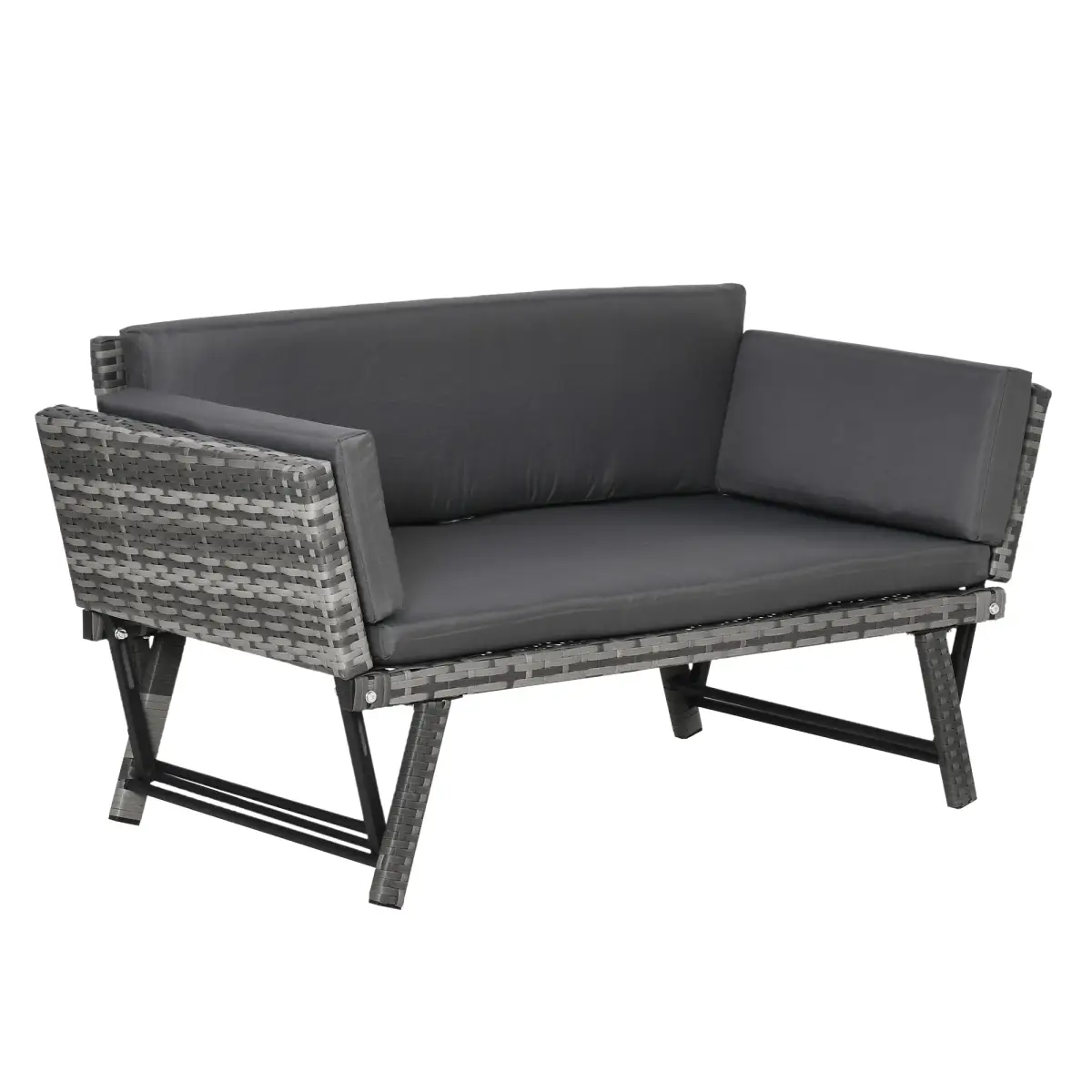 Outsunny 2 in 1 Rattan Folding Daybed Sofa Grey w/Cushion - Garden Sofa Sets