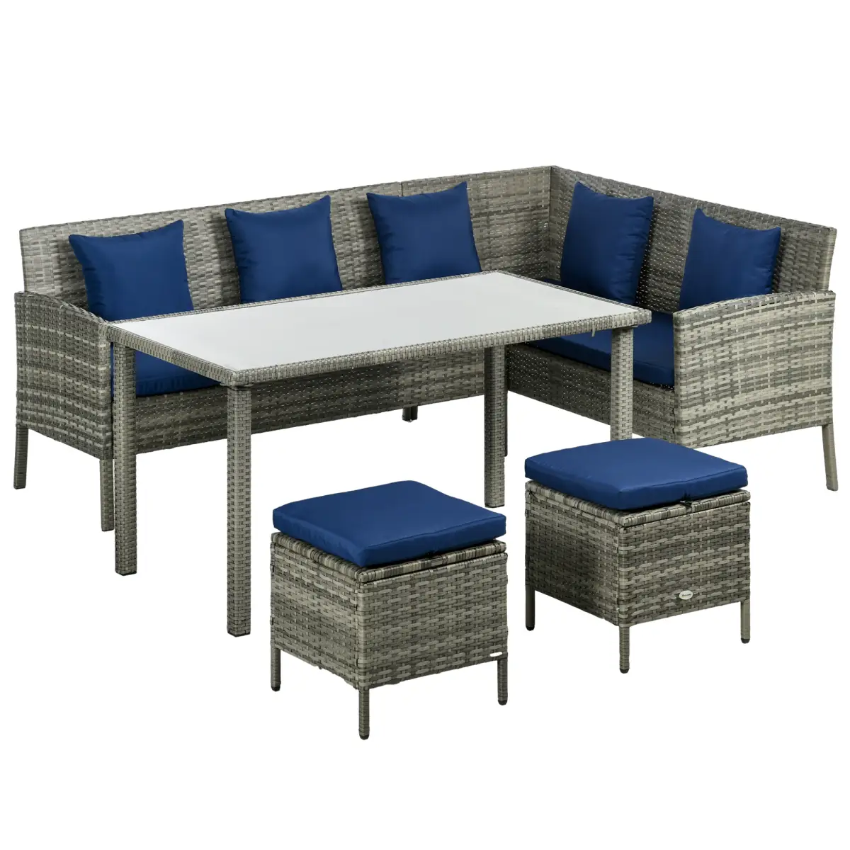 Outsunny Outsunny 5Pcs Rattan Dining Corner Sofa Set, Garden Furniture Set, Dark Blue - Garden Sofa Sets