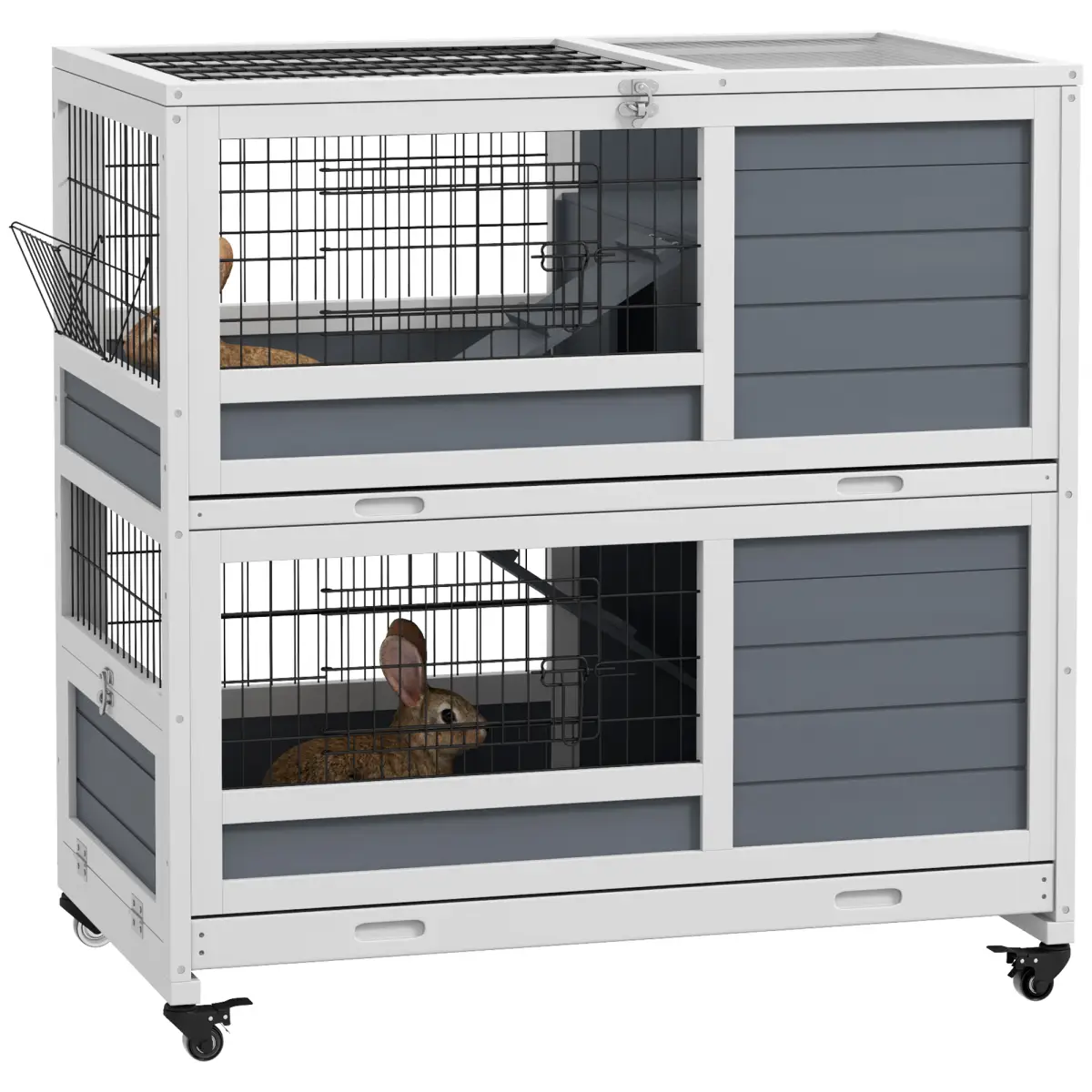 PawHut PawHut Double Deckers Indoor Rabbit Hutch w/ Feeding Trough, Slide-Out Trays - Rabbit Hutch