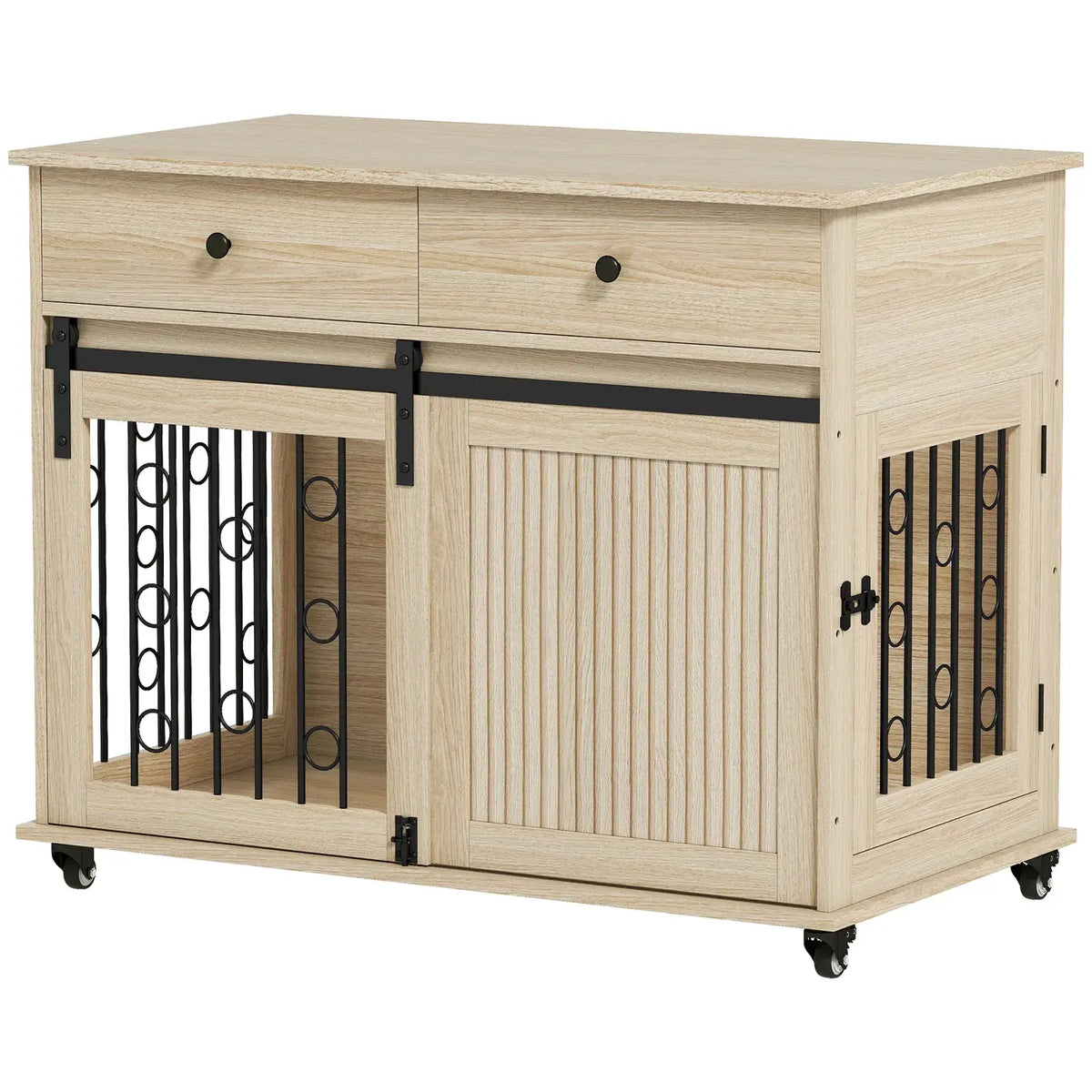PawHut Dog Crate Furniture on Wheels, Dog Cage with 2 Drawers, Sliding Door, for Medium Large Dogs, Oak Tone - from PawHut