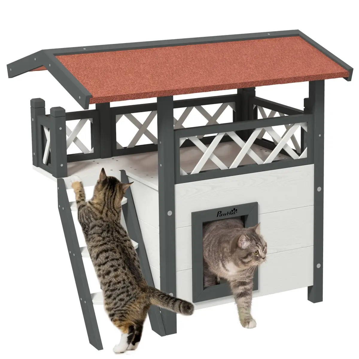 PawHut PawHut Outdoor Cat House with Balcony Stairs Roof, White - Cat House